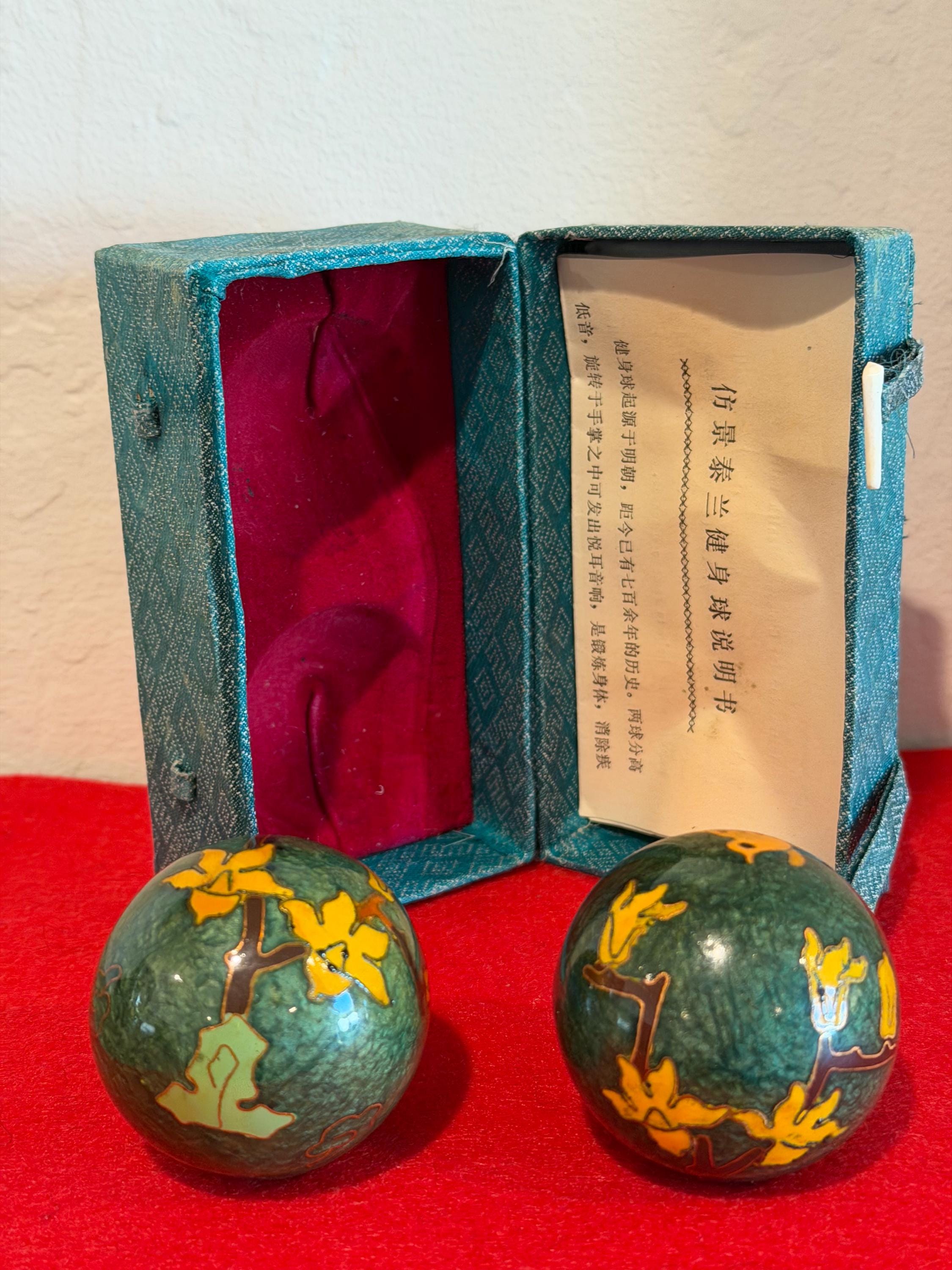Cloisonné Baoding Health Balls w/ Original Box & Instructions – Green Enamel Meditation Spheres