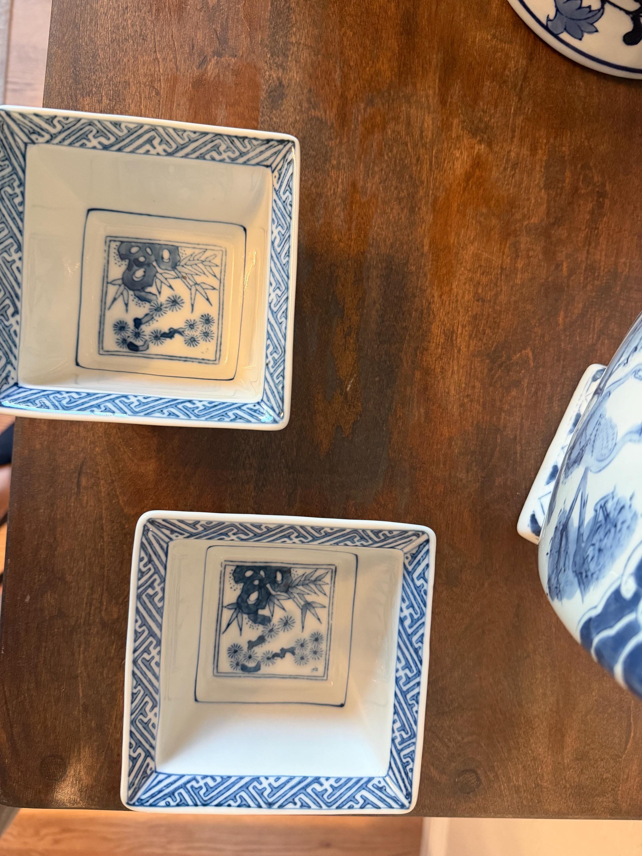 Pair of Blue & White Porcelain Square Dishes | Asian Style Floral Motif | Signed Bases