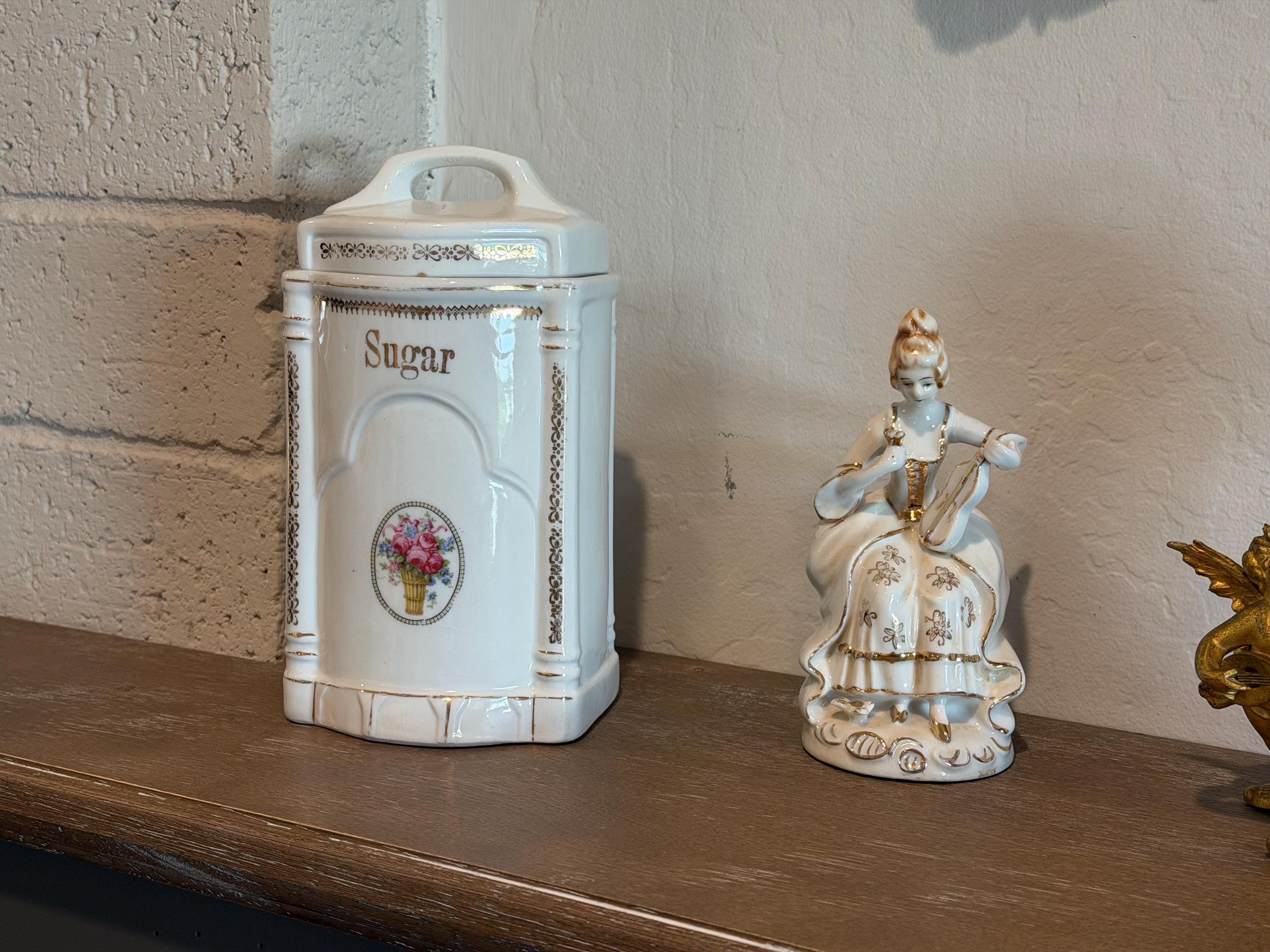 Porcelain Sugar Canister with Floral Medallion & Gold Gilt Accents