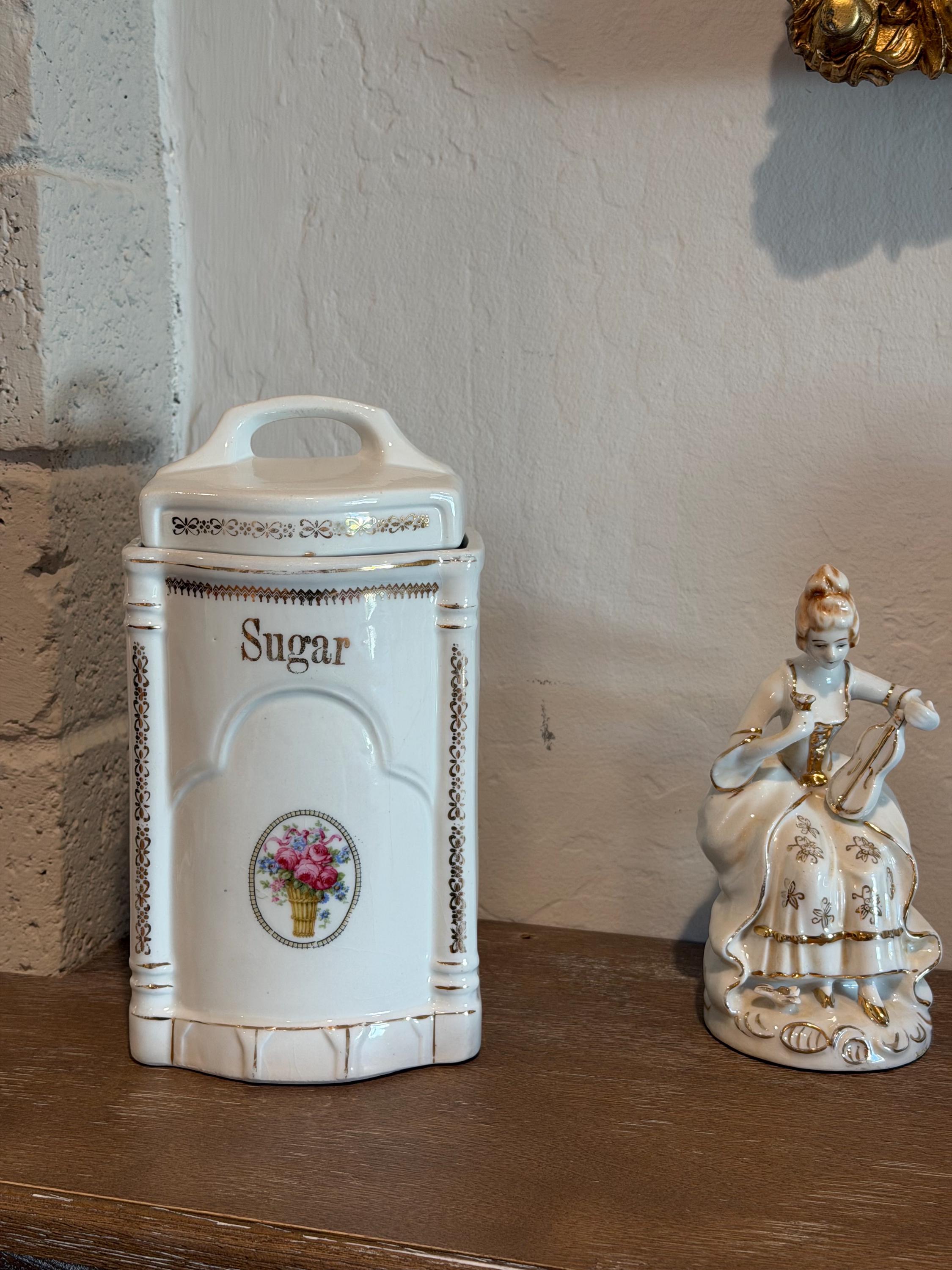 Porcelain Sugar Canister with Floral Medallion & Gold Gilt Accents