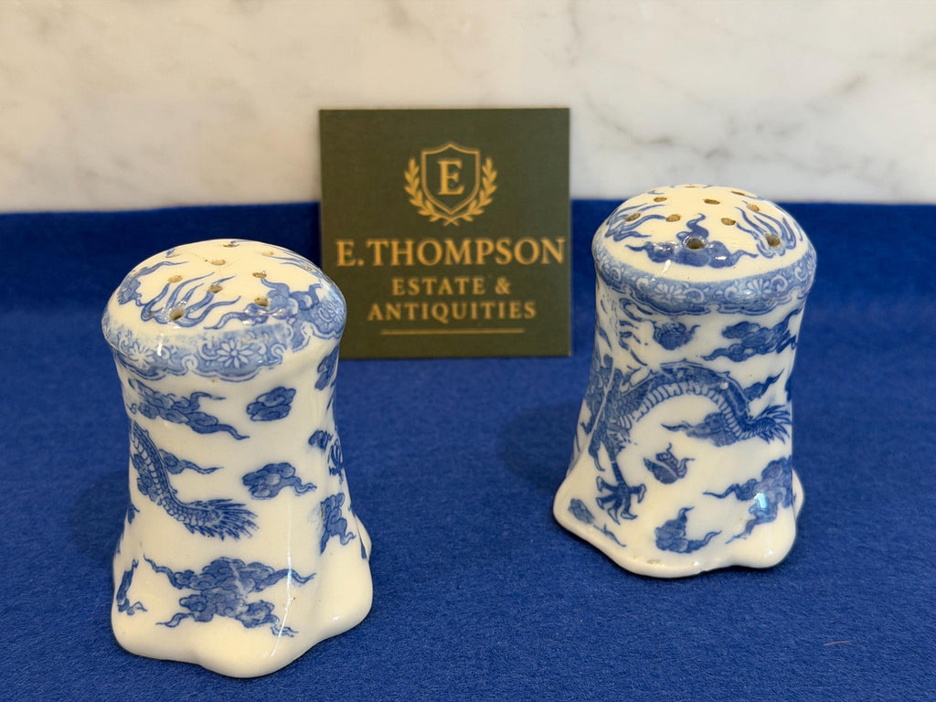 Blue & White Porcelain Dragon Salt and Pepper Shakers – Chinese Style with Cork Stoppers