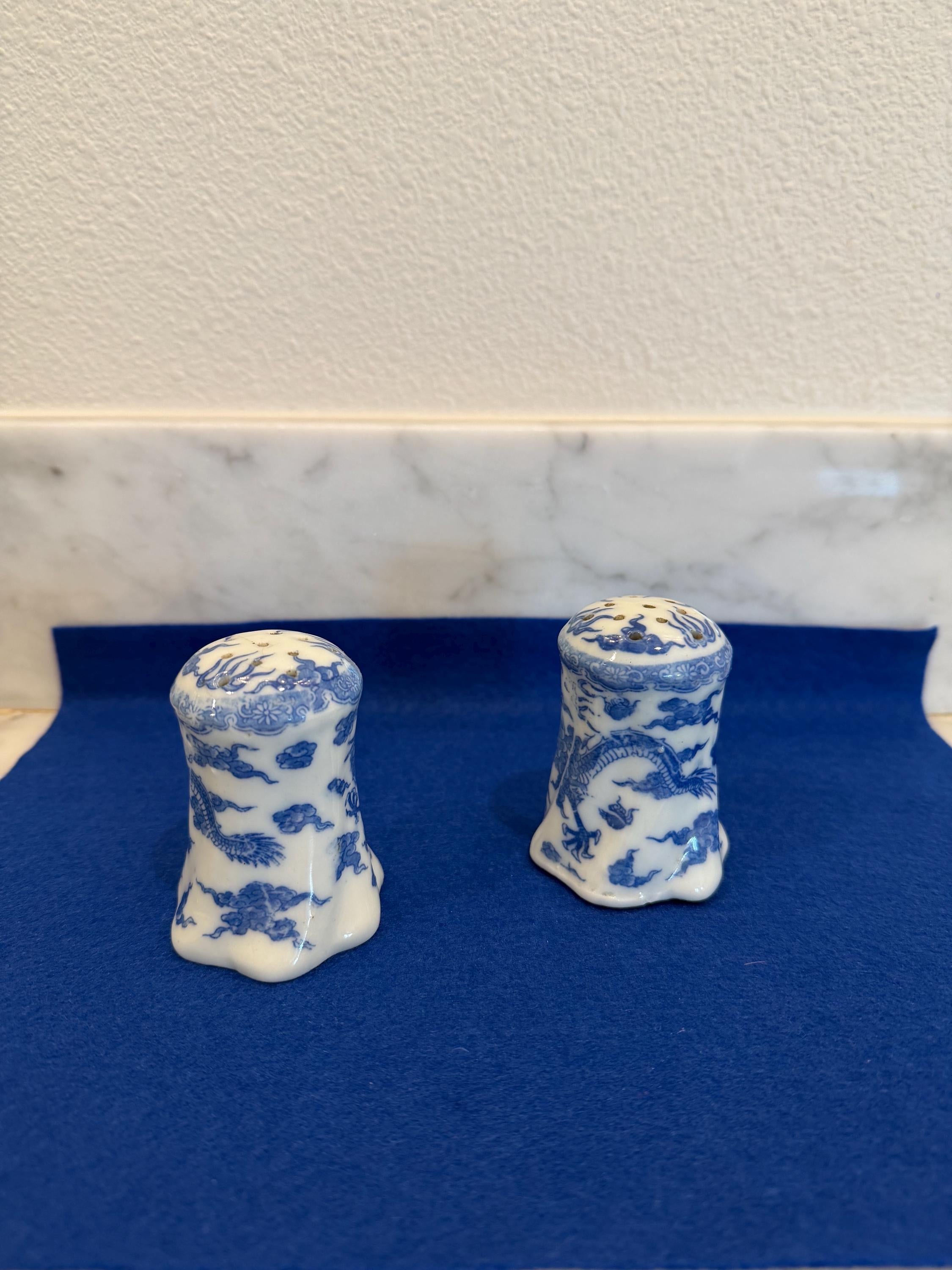 Blue & White Porcelain Dragon Salt and Pepper Shakers – Chinese Style with Cork Stoppers