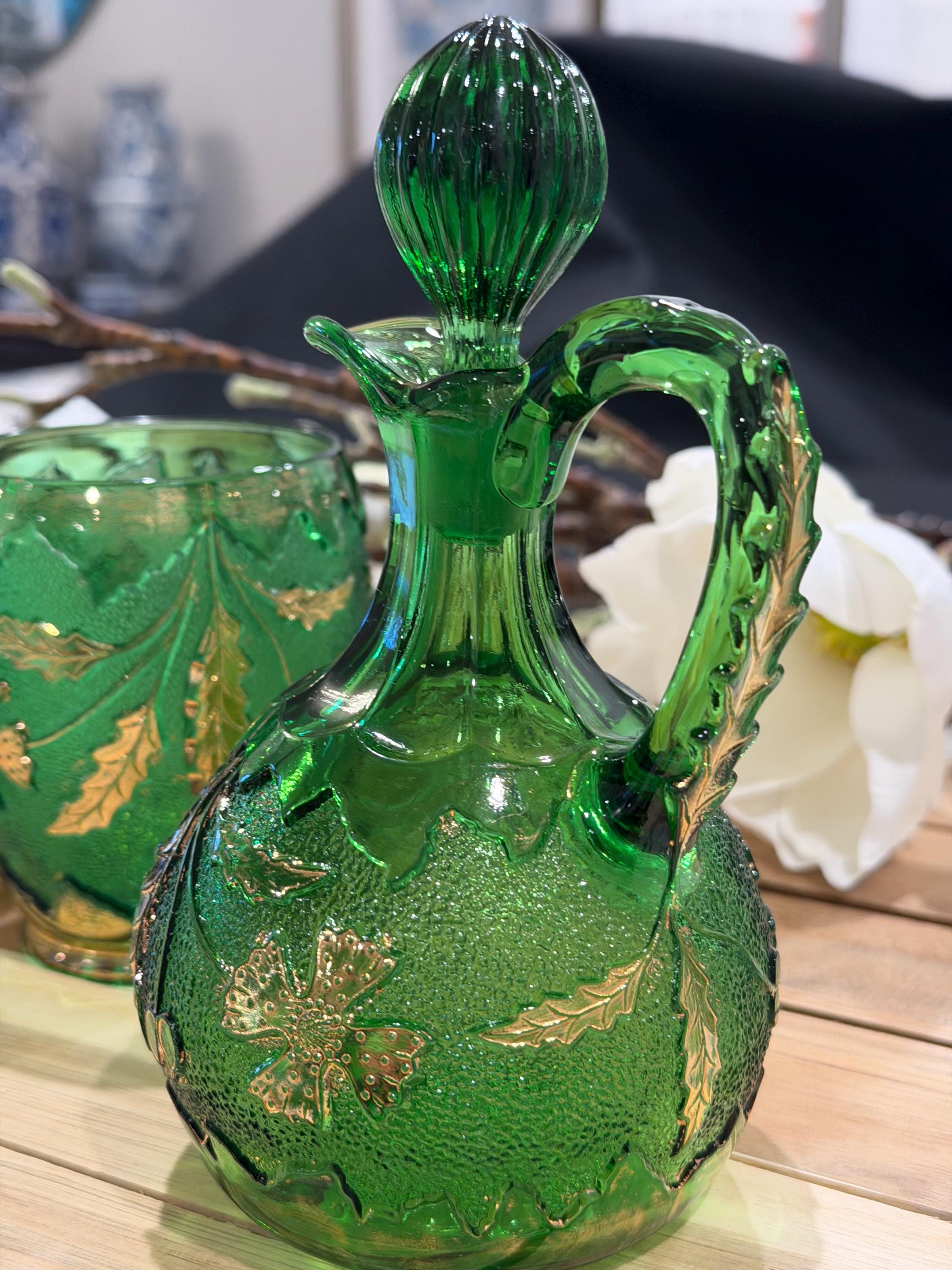 Emerald Green Glass Pitcher | Gilt Ivy & Floral Stopper