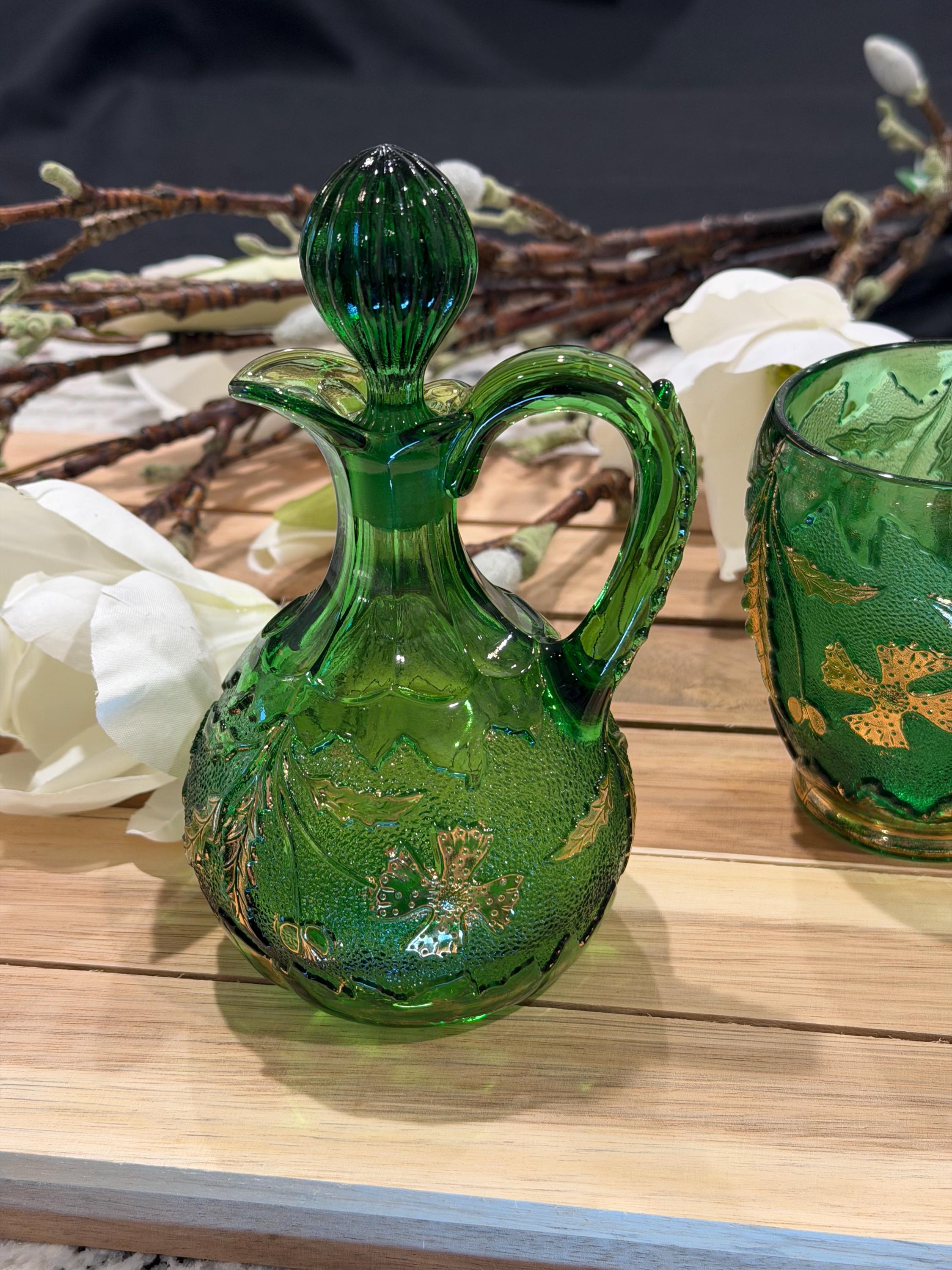 Emerald Green Glass Pitcher | Gilt Ivy & Floral Stopper