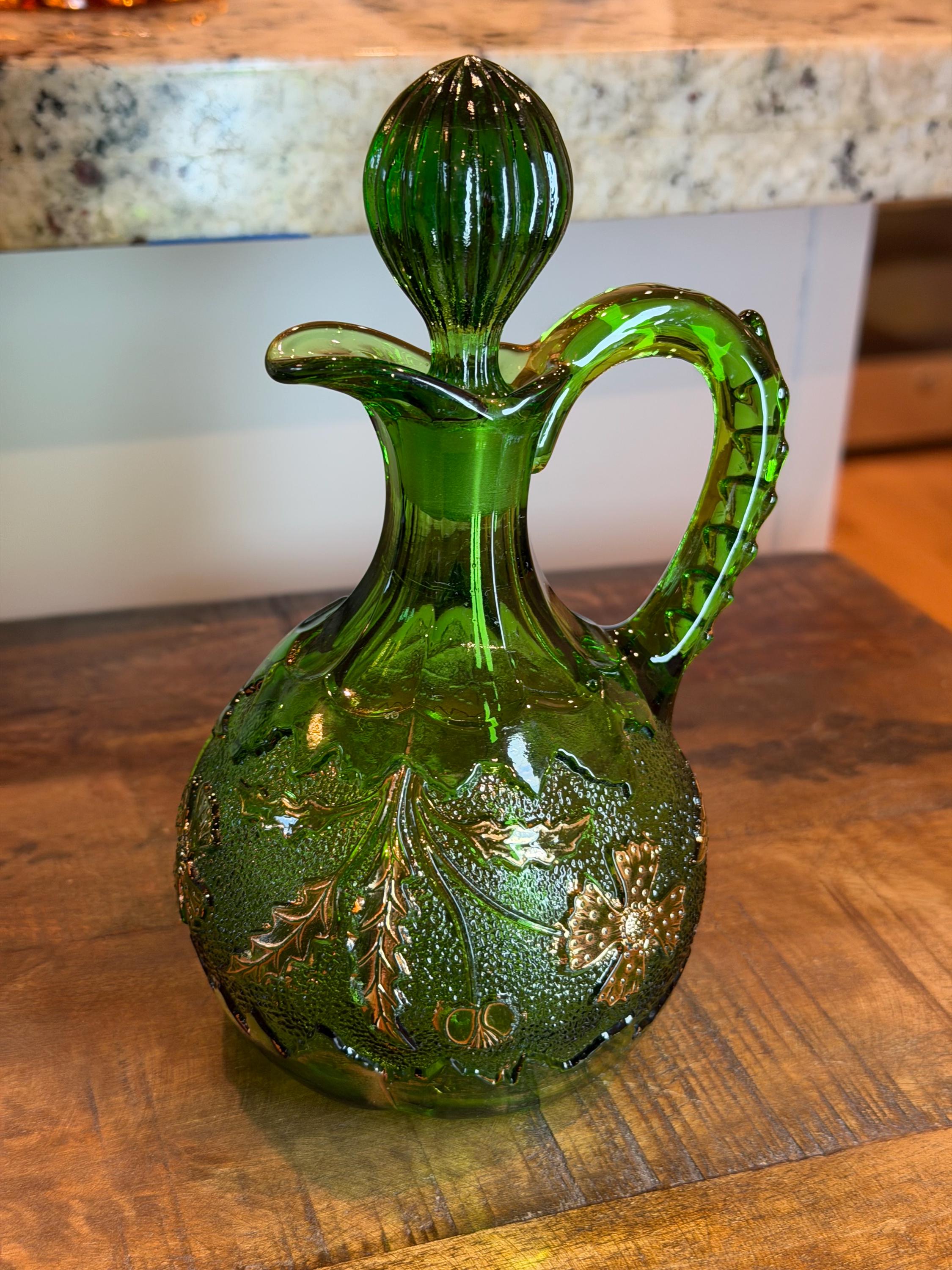 Emerald Green Glass Pitcher | Gilt Ivy & Floral Stopper