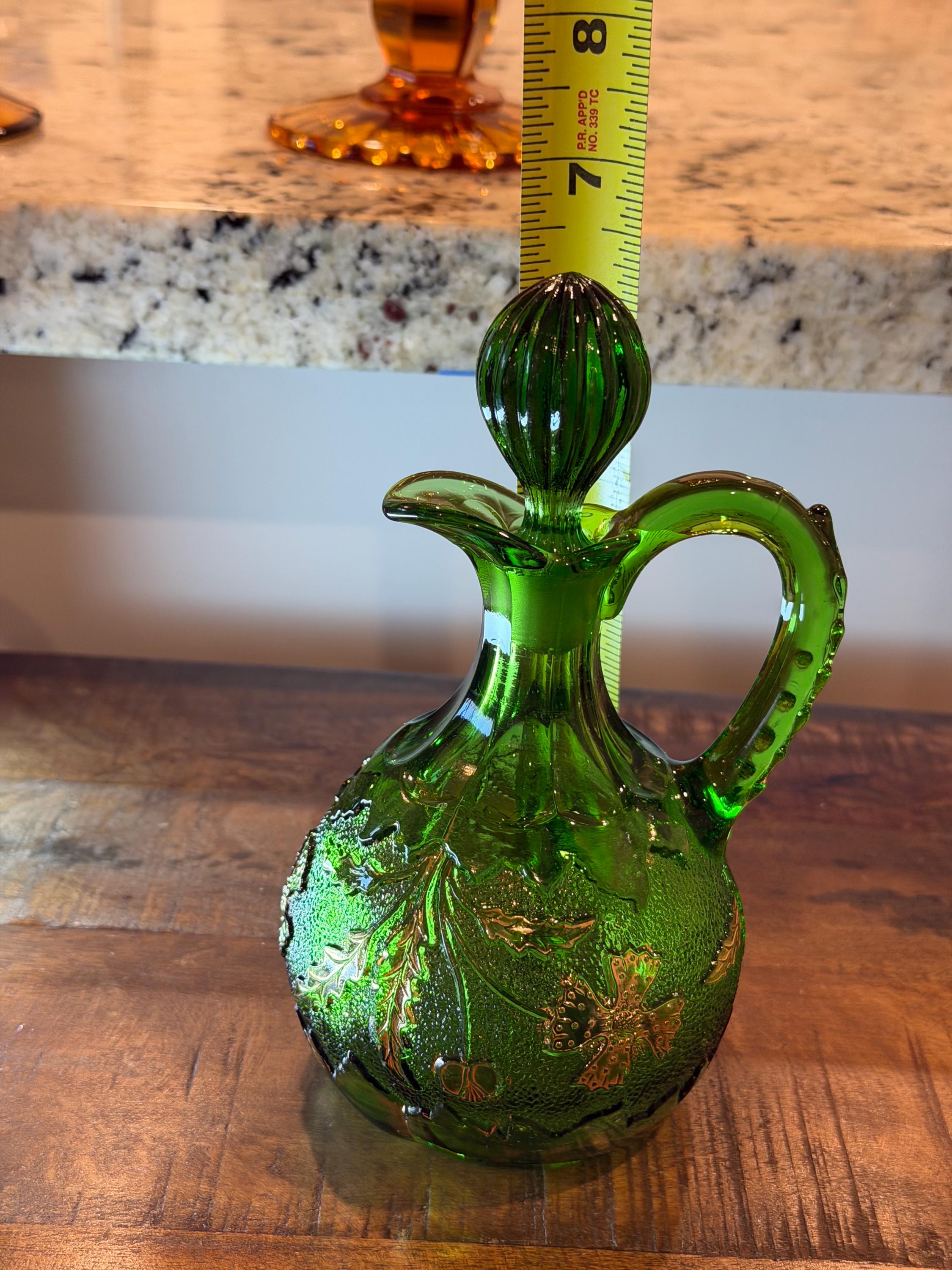 Emerald Green Glass Pitcher | Gilt Ivy & Floral Stopper