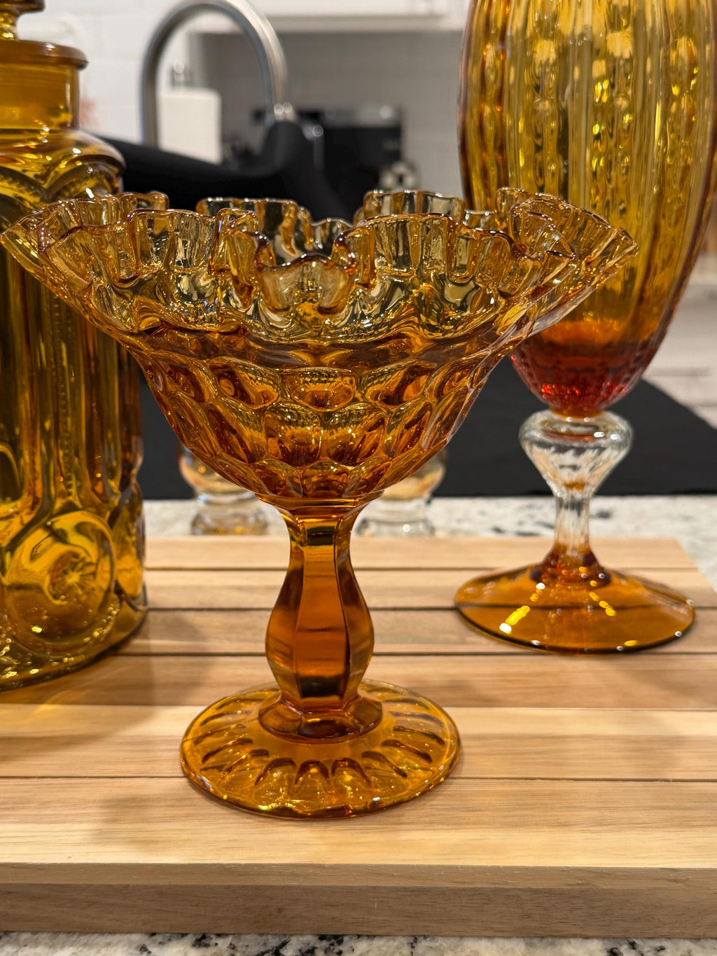 Amber Glass Pedestal Compote Bowl | Ruffled Rim | Mid Century Glass Centerpiece