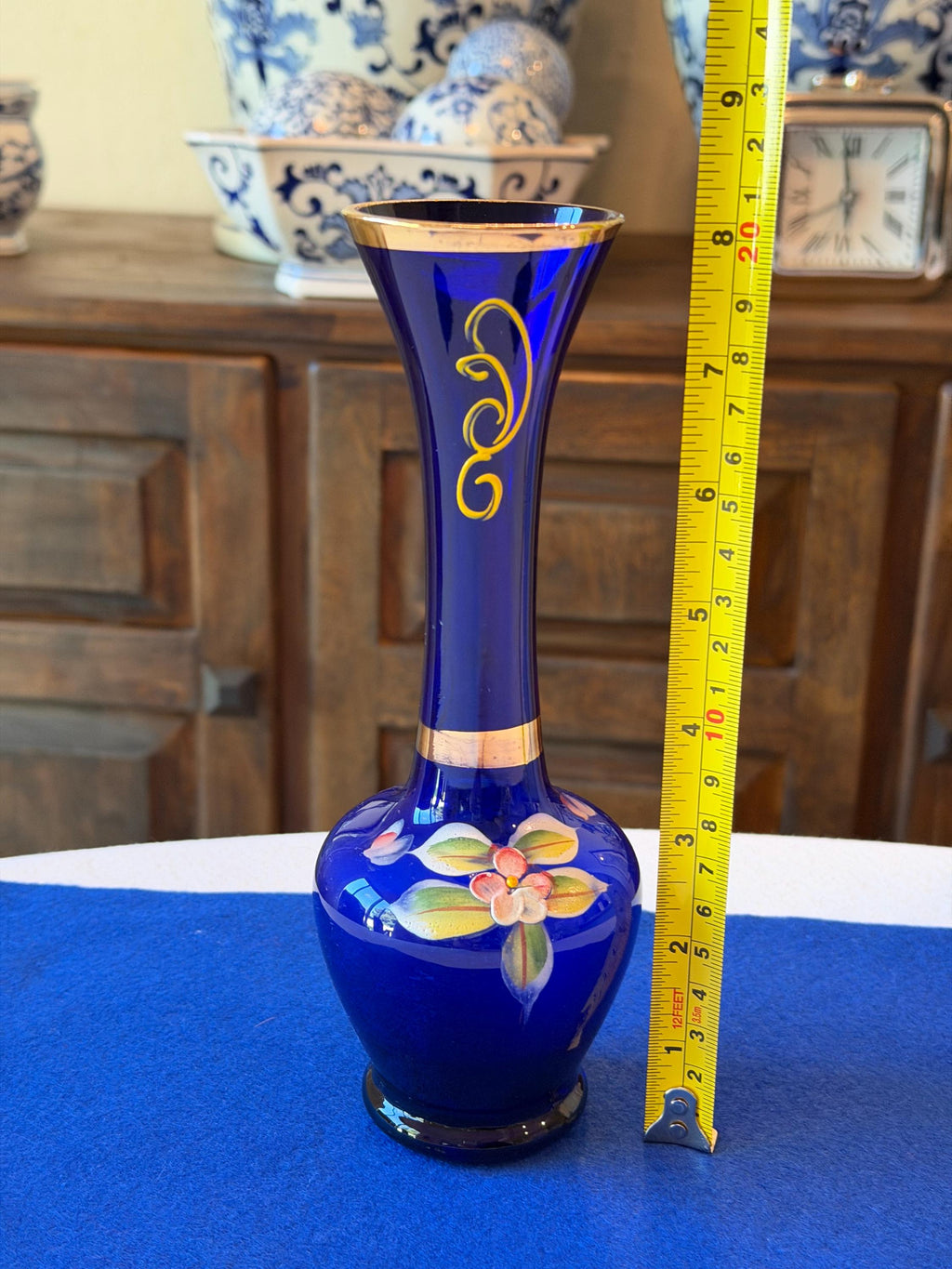 Cobalt Blue Hand-Painted Art Glass Bud Vase with Gold Gilt