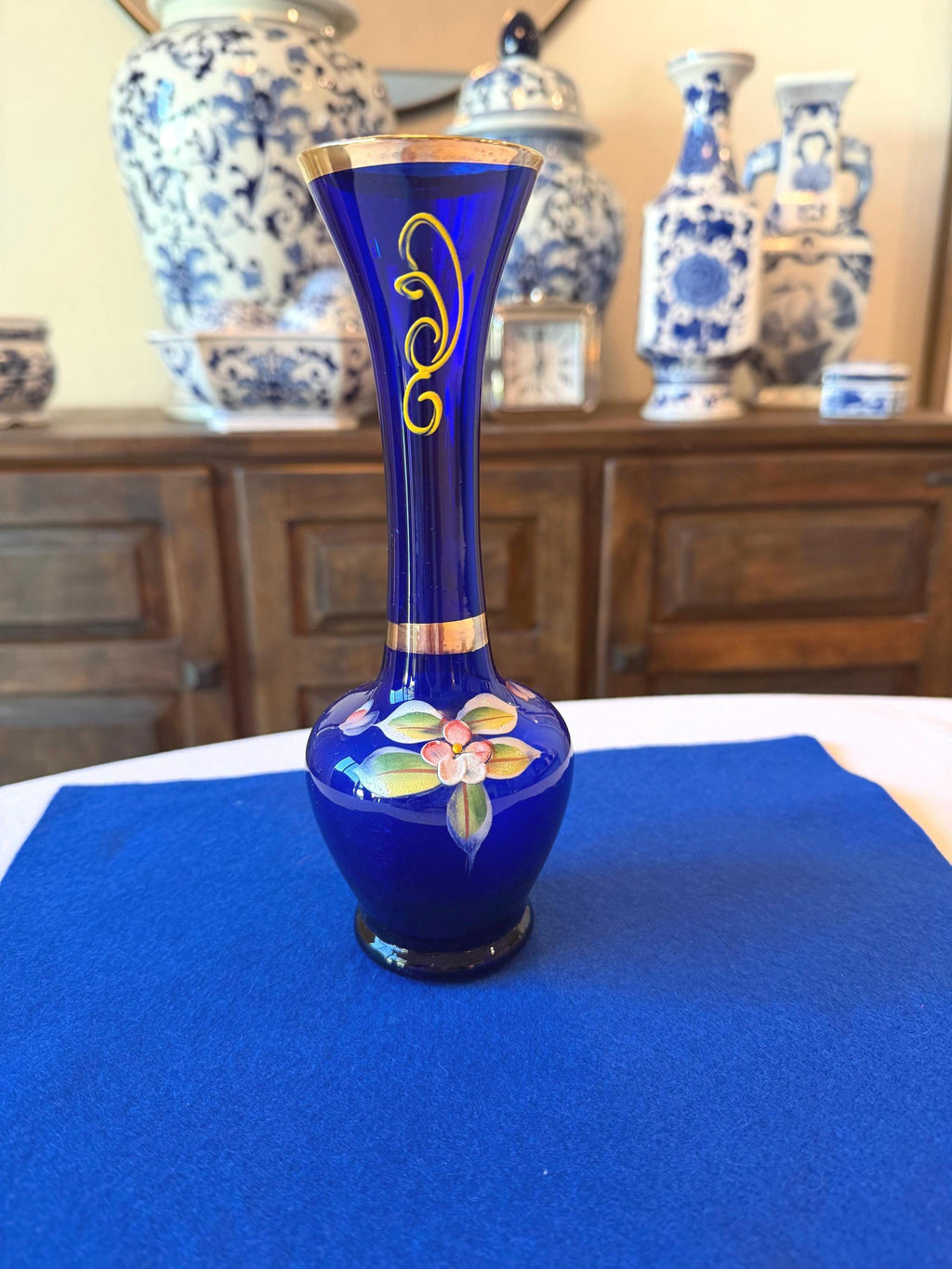 Cobalt Blue Hand-Painted Art Glass Bud Vase with Gold Gilt