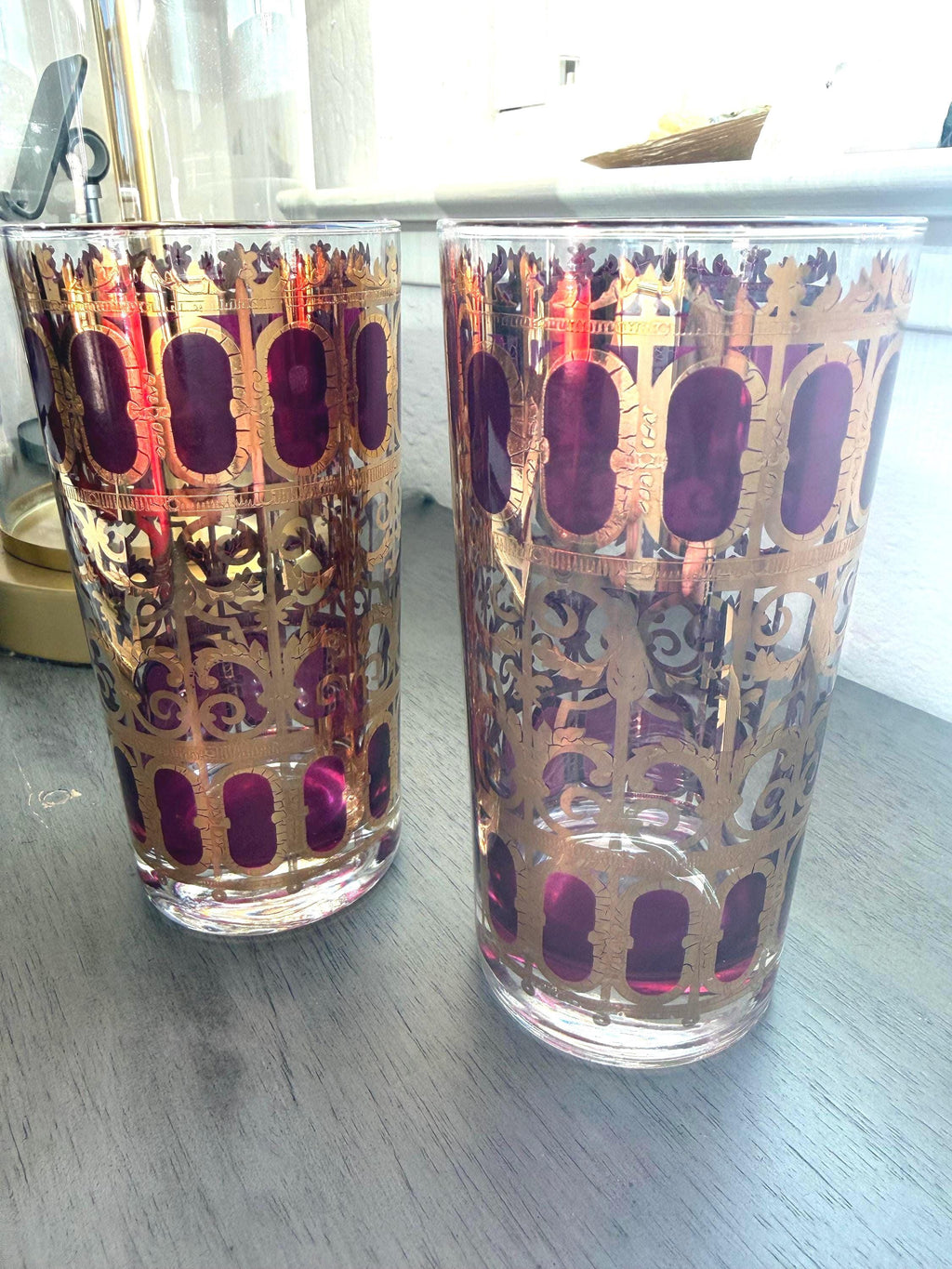 Gold & Amethyst Highball Glasses – Mid-Century Hollywood Regency – Set of 2