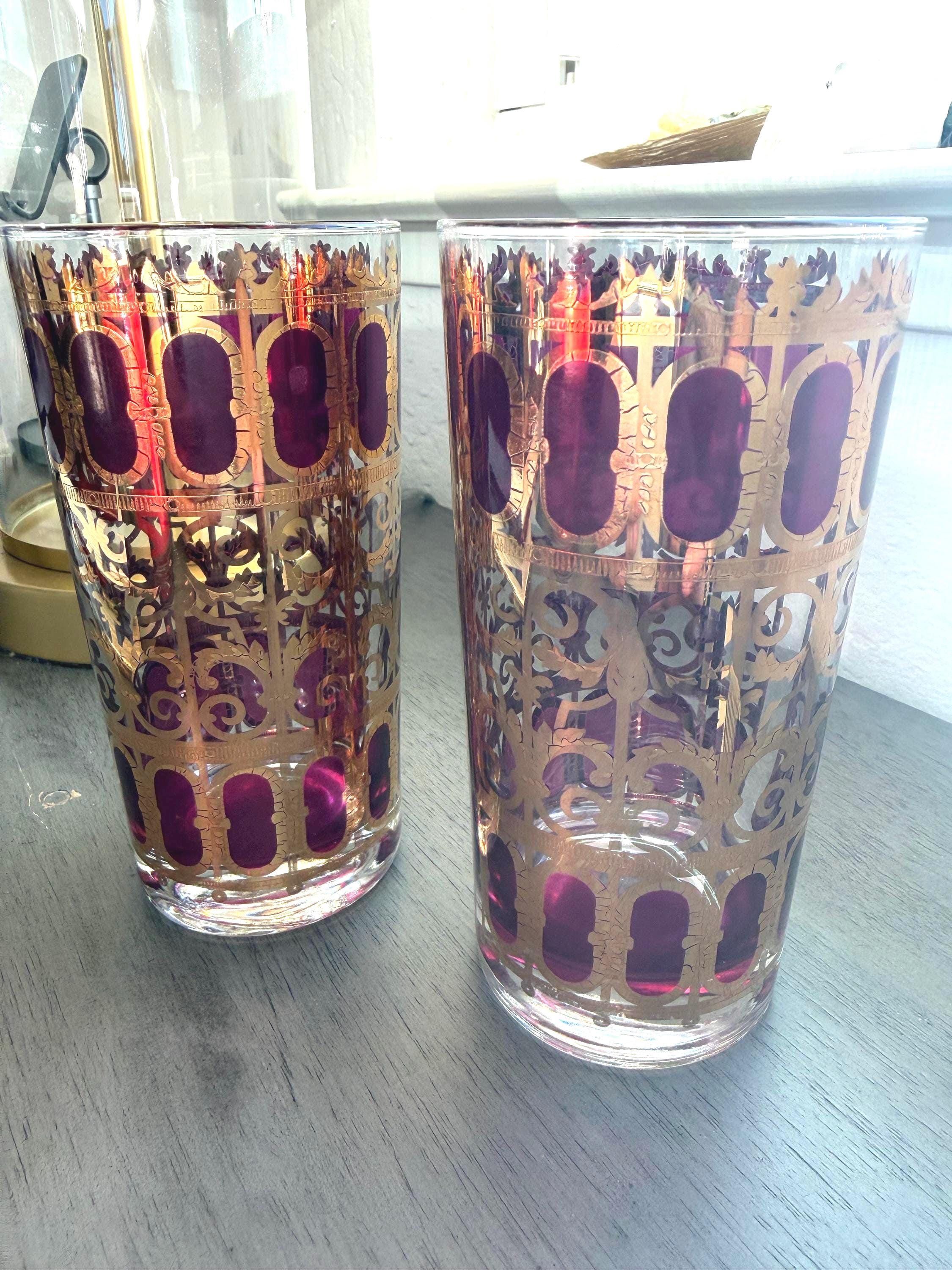 Gold & Amethyst Highball Glasses – Mid-Century Hollywood Regency – Set of 2