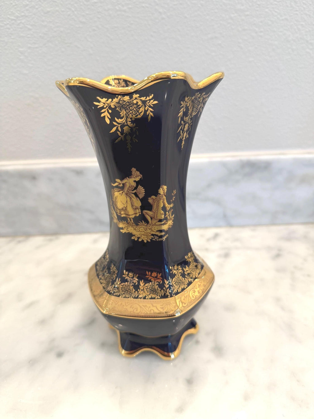 Limoges Cobalt Blue Porcelain Vase and Teacup Set – 24K Gold Gilt Courting Scene