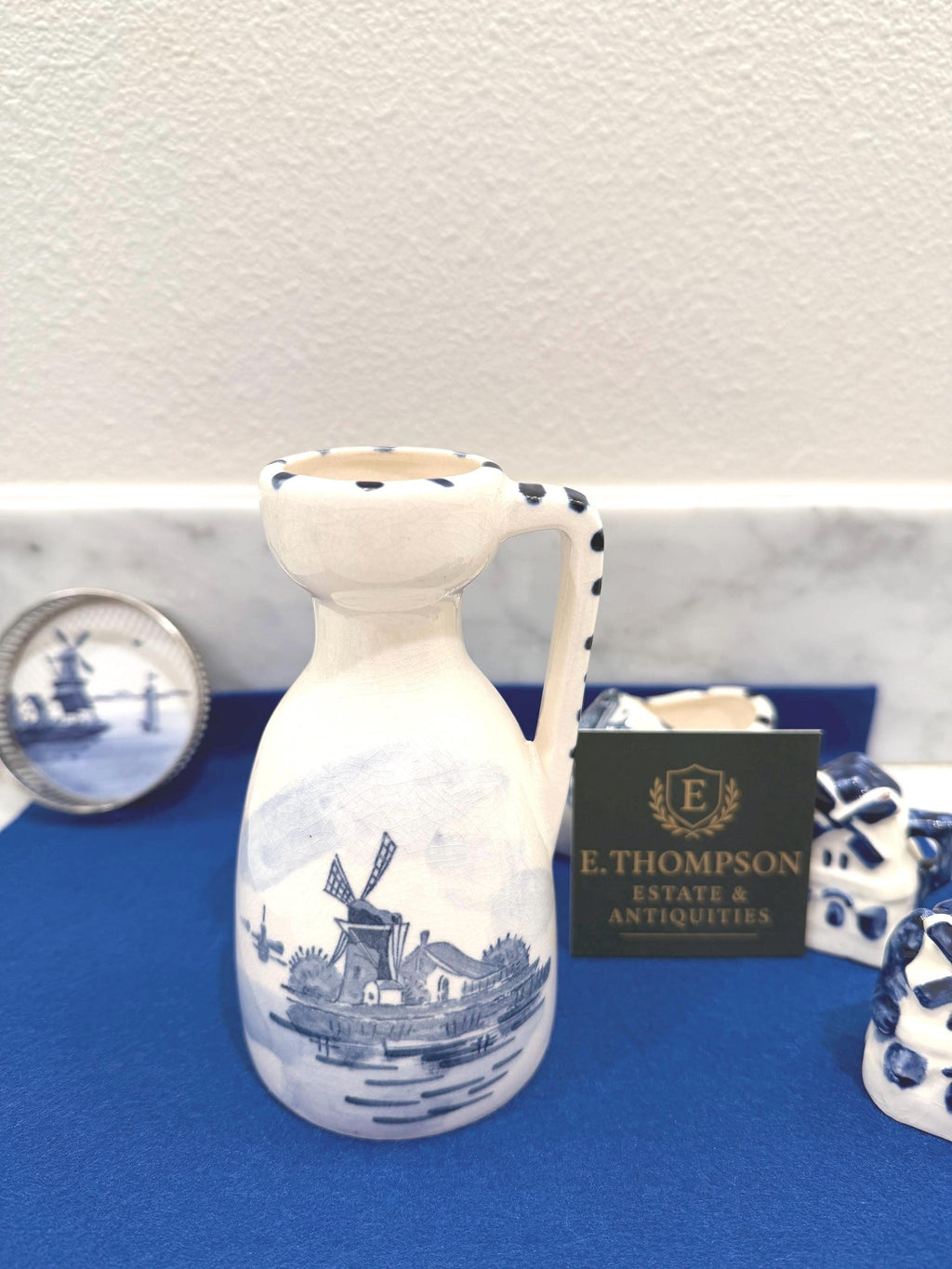 Delft Windmill Pitcher, Blue and White Ceramic Vase Vintage Japanese