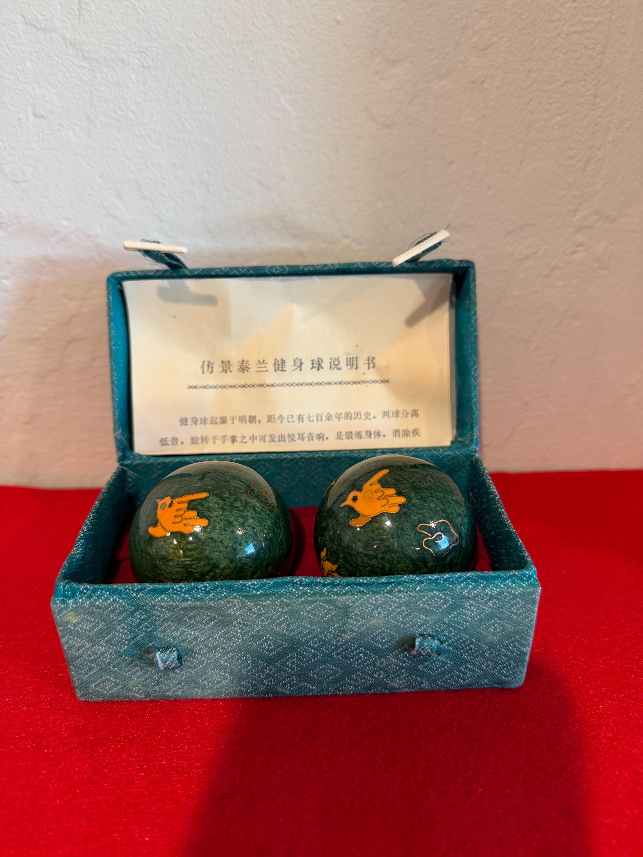 Cloisonné Baoding Health Balls w/ Original Box & Instructions – Green Enamel Meditation Spheres