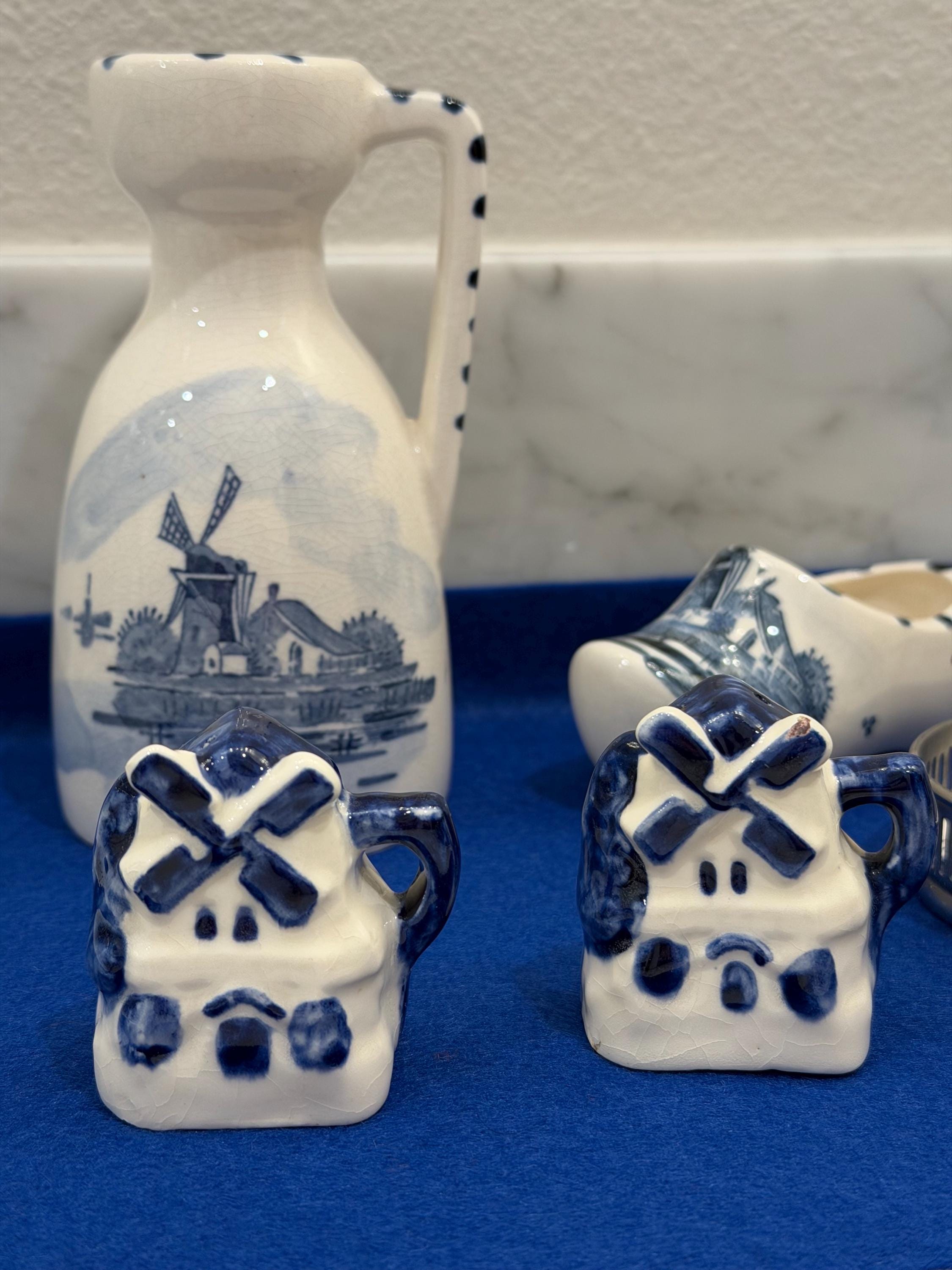 Delft Windmill Pitcher, Blue and White Ceramic Vase Vintage Japanese