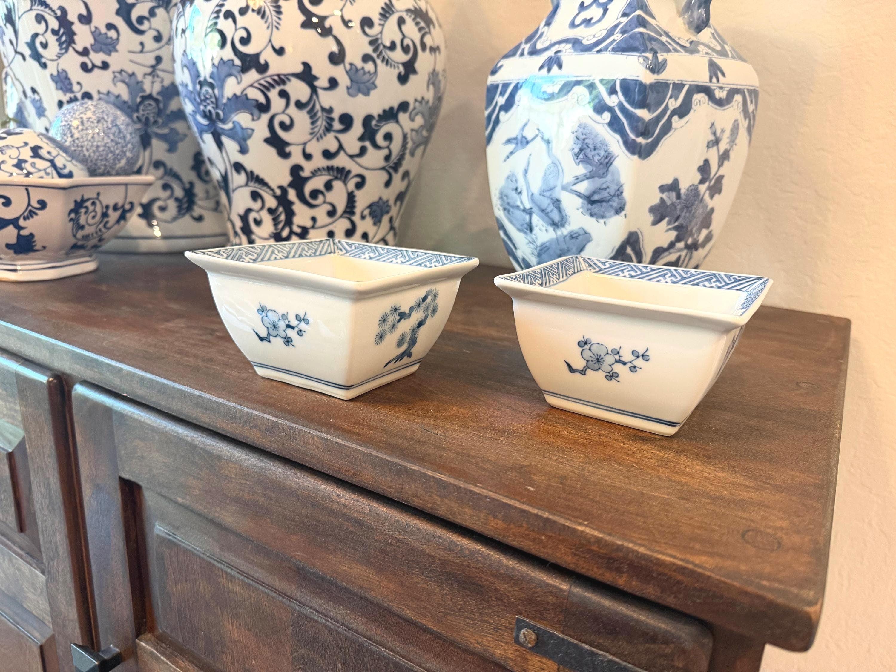 Pair of Blue & White Porcelain Square Dishes | Asian Style Floral Motif | Signed Bases