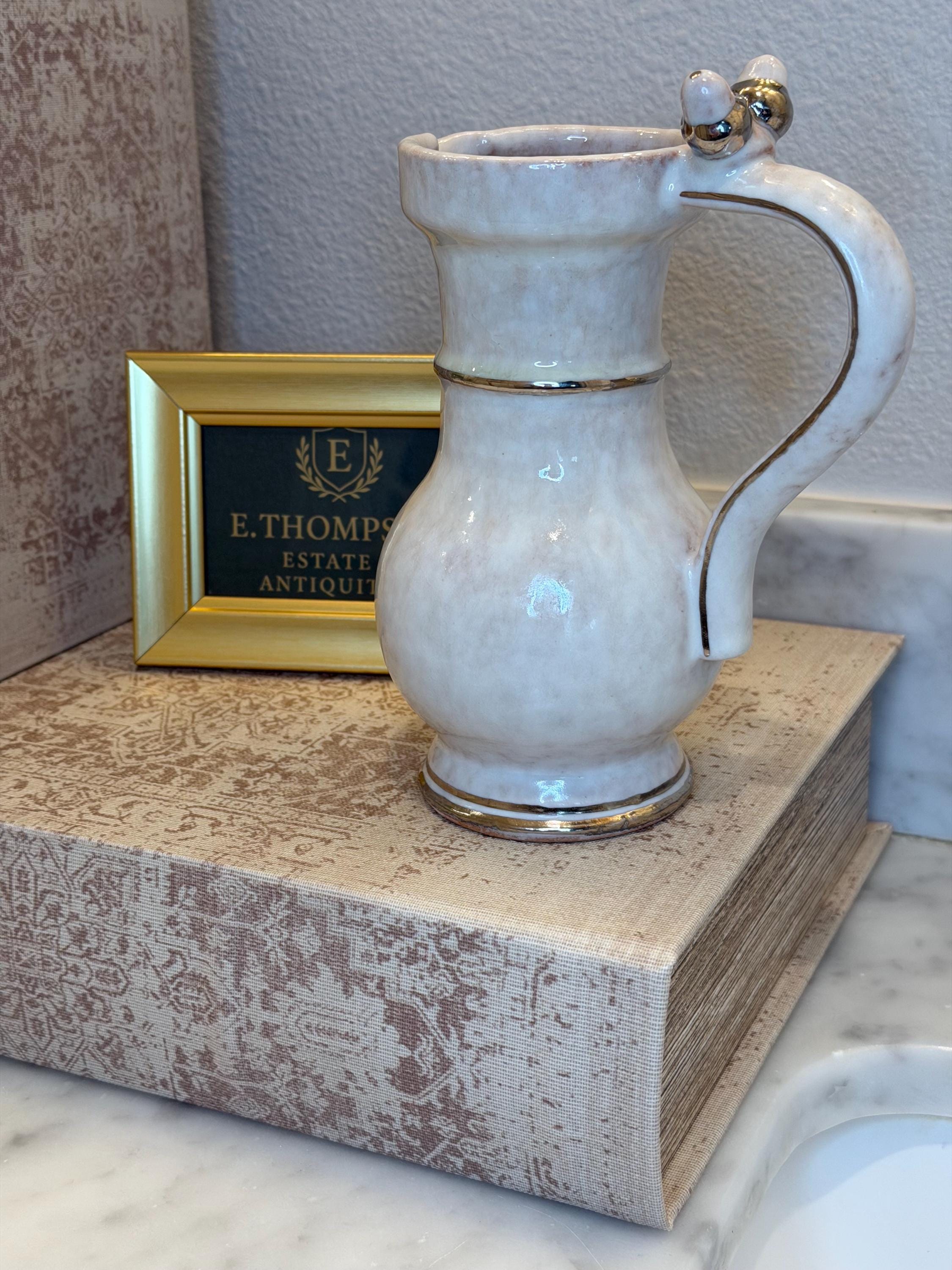 Noritake Pottery Pitcher | Marbled Alabaster Glaze, Gold Bow Handle