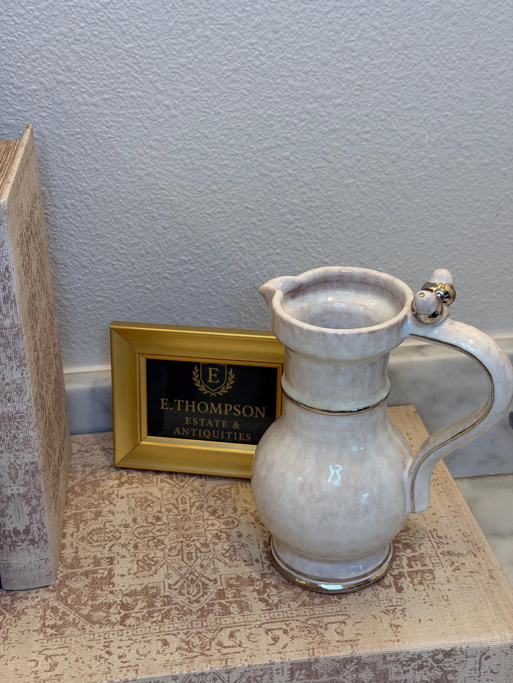 Noritake Pottery Pitcher | Marbled Alabaster Glaze, Gold Bow Handle