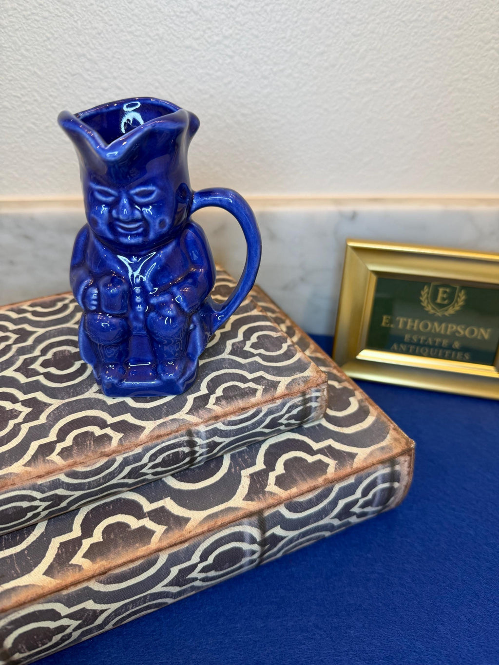 Cobalt Blue Toby Pitcher | Mid-Century Glazed Ceramic Character Jug