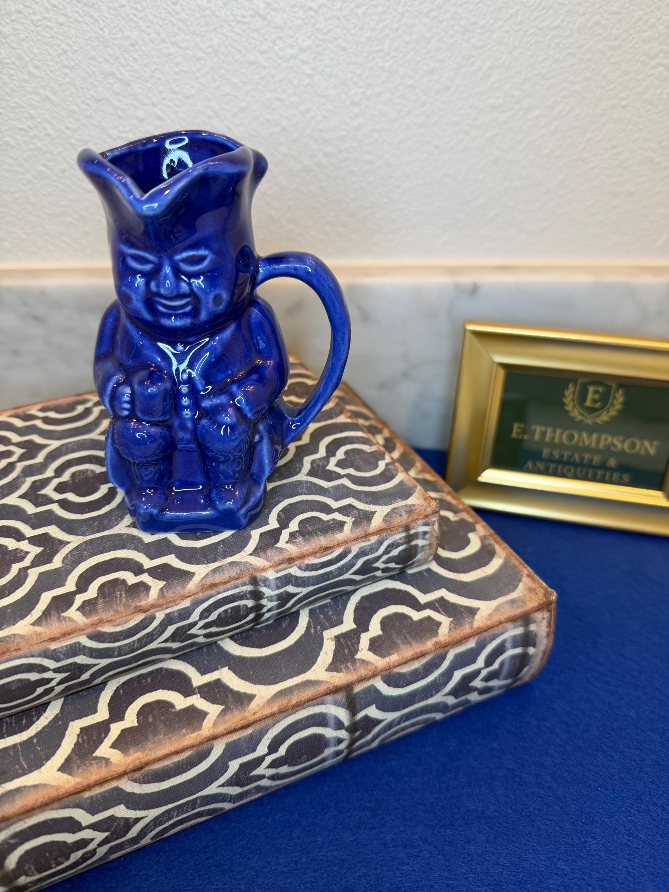Cobalt Blue Toby Pitcher | Mid-Century Glazed Ceramic Character Jug