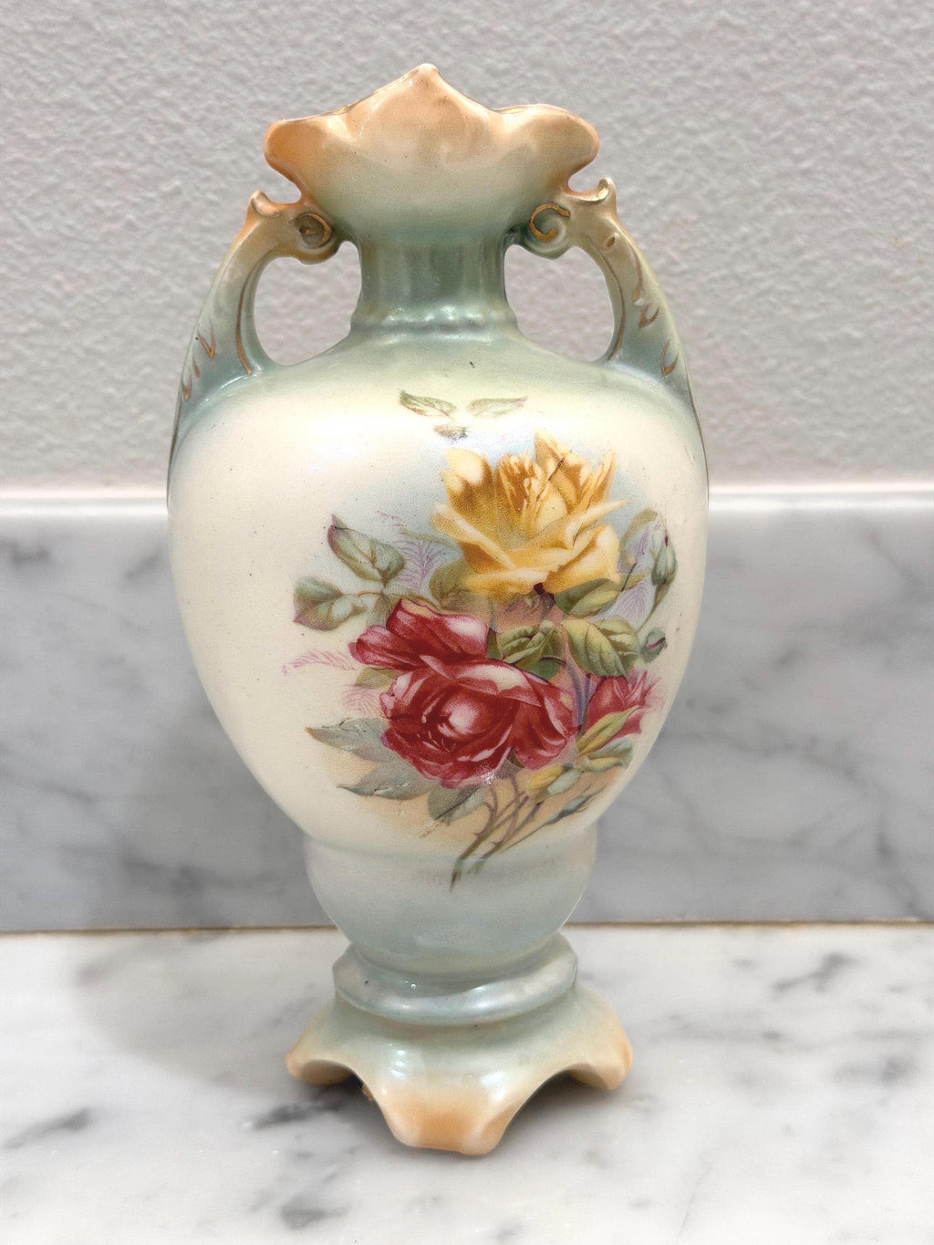 Victorian Floral Porcelain Vase Antique Hand Painted Rose Vase c. 1900
