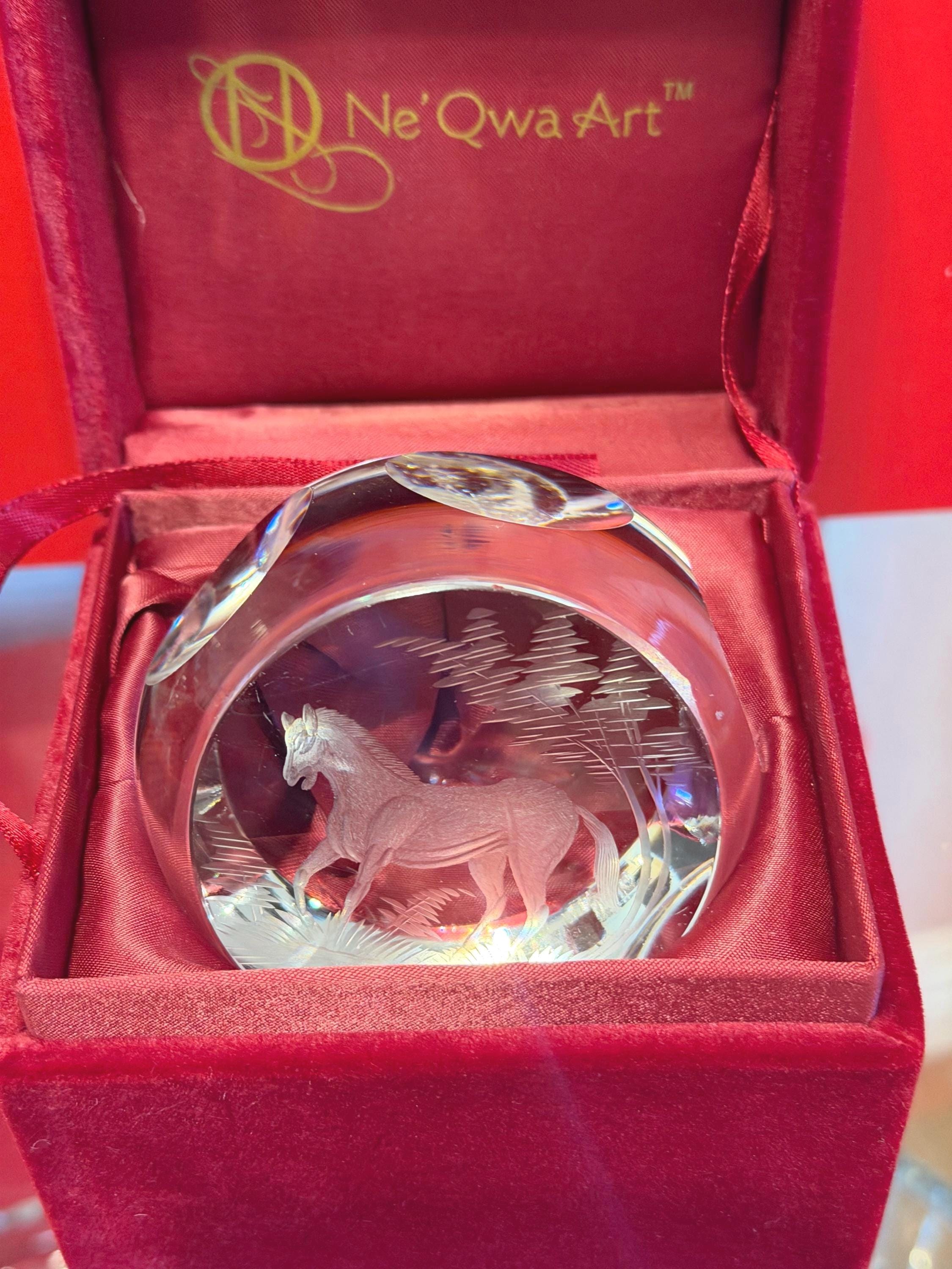 Crystal Horse Paperweight – Equestrian Scene – Original Velvet Box Ne’Qwa Art Hand-engraved
