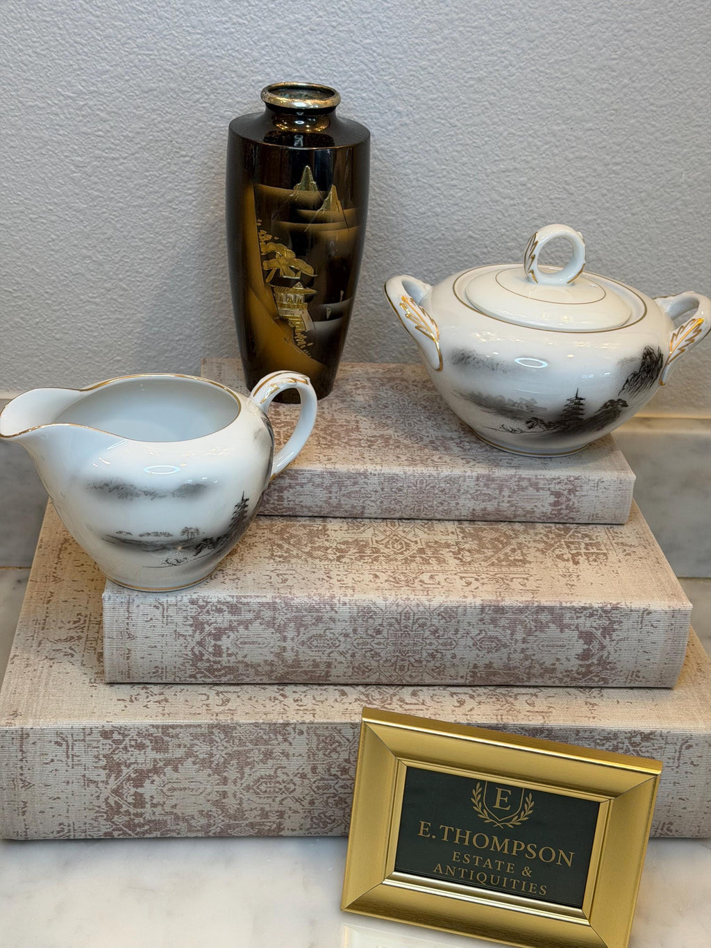 Fukagawa Arita Cream and Sugar Set, Japanese Porcelain Pagoda Landscape