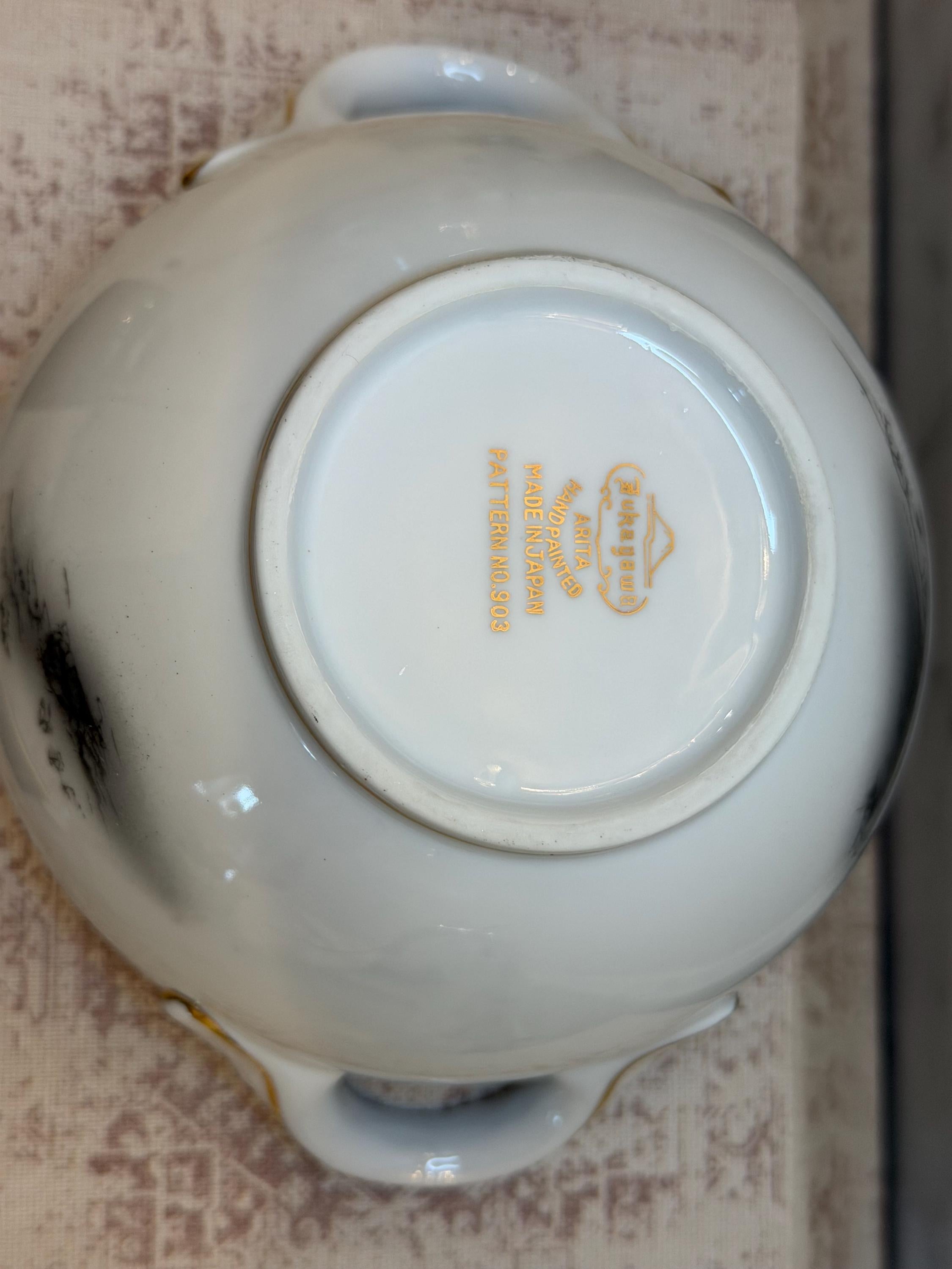 Fukagawa Arita Cream and Sugar Set, Japanese Porcelain Pagoda Landscape