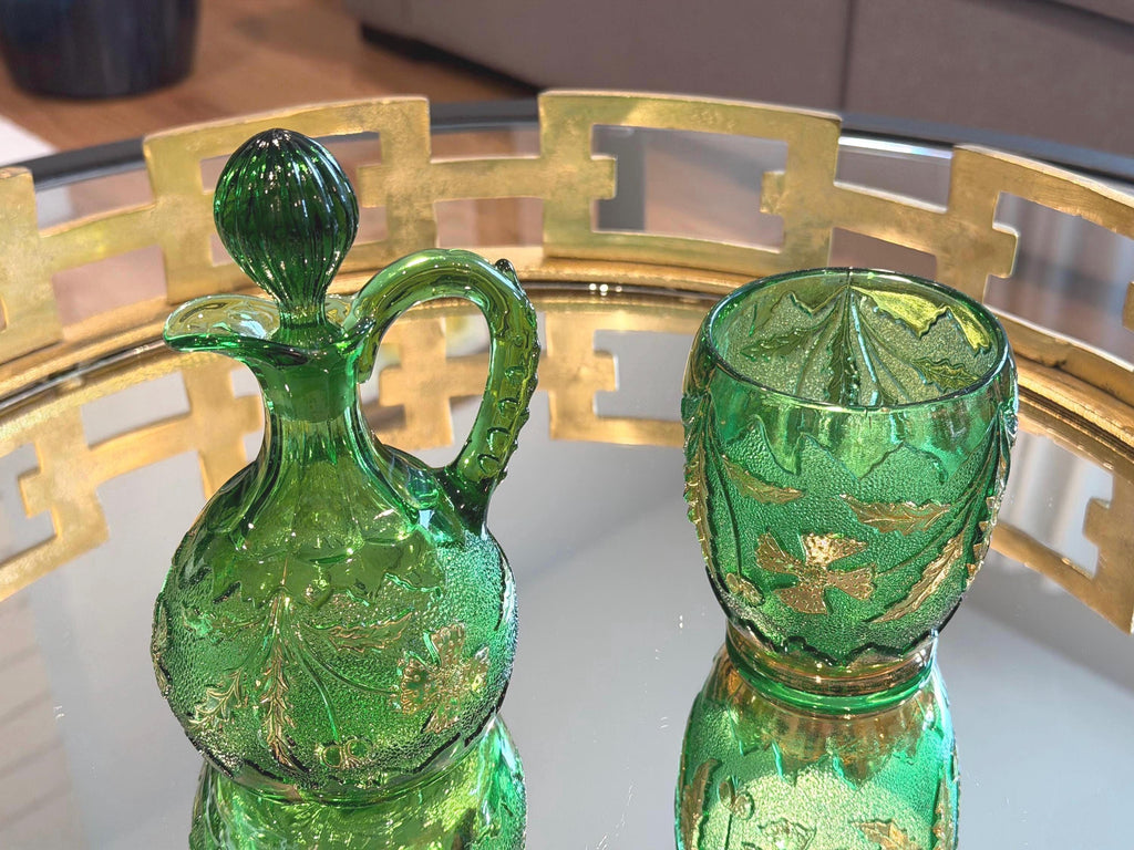Emerald Green Glass Pitcher | Gilt Ivy & Floral Stopper