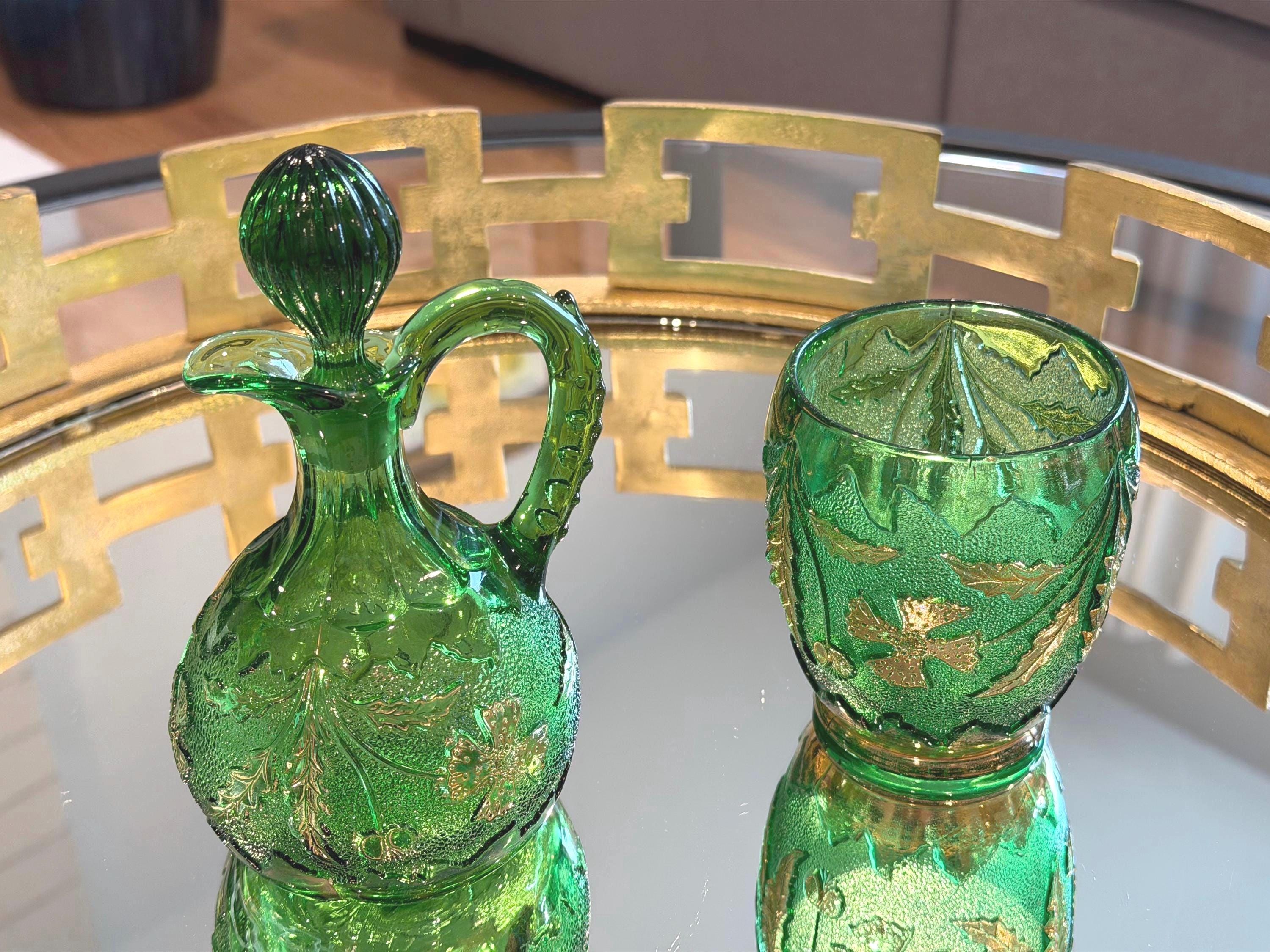 Emerald Green Glass Pitcher | Gilt Ivy & Floral Stopper
