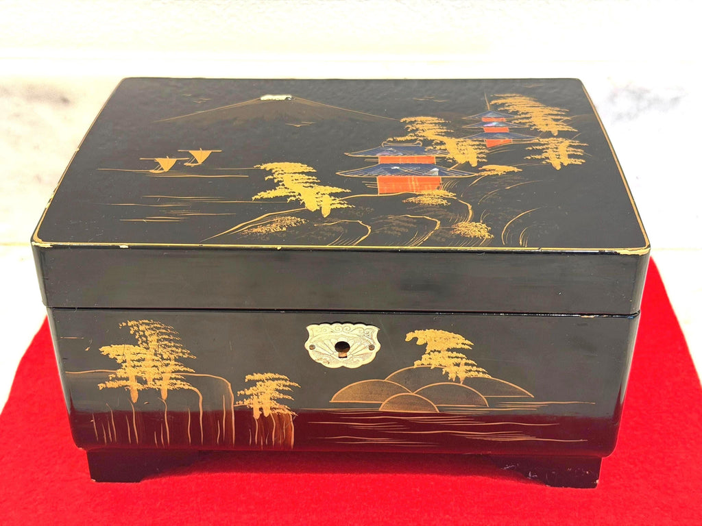 Lacquer Jewelry Music Box – Black & Gold Makie Pagoda Japanese
