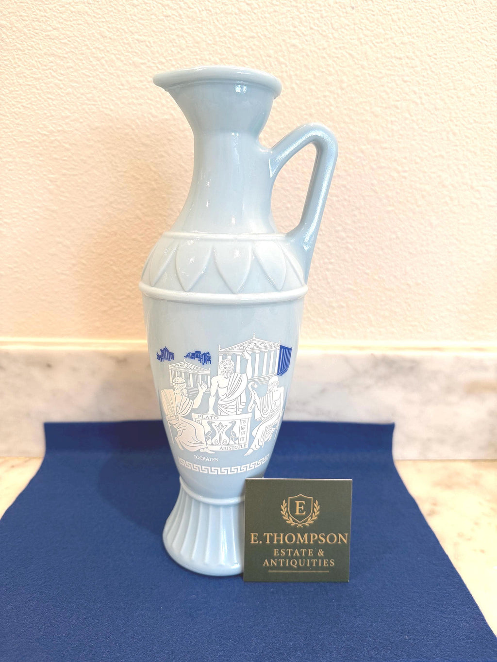 Blue Jasperware Style Classical Ewer Vase | Neoclassical Greek Motif | Elegant Decorative Jug