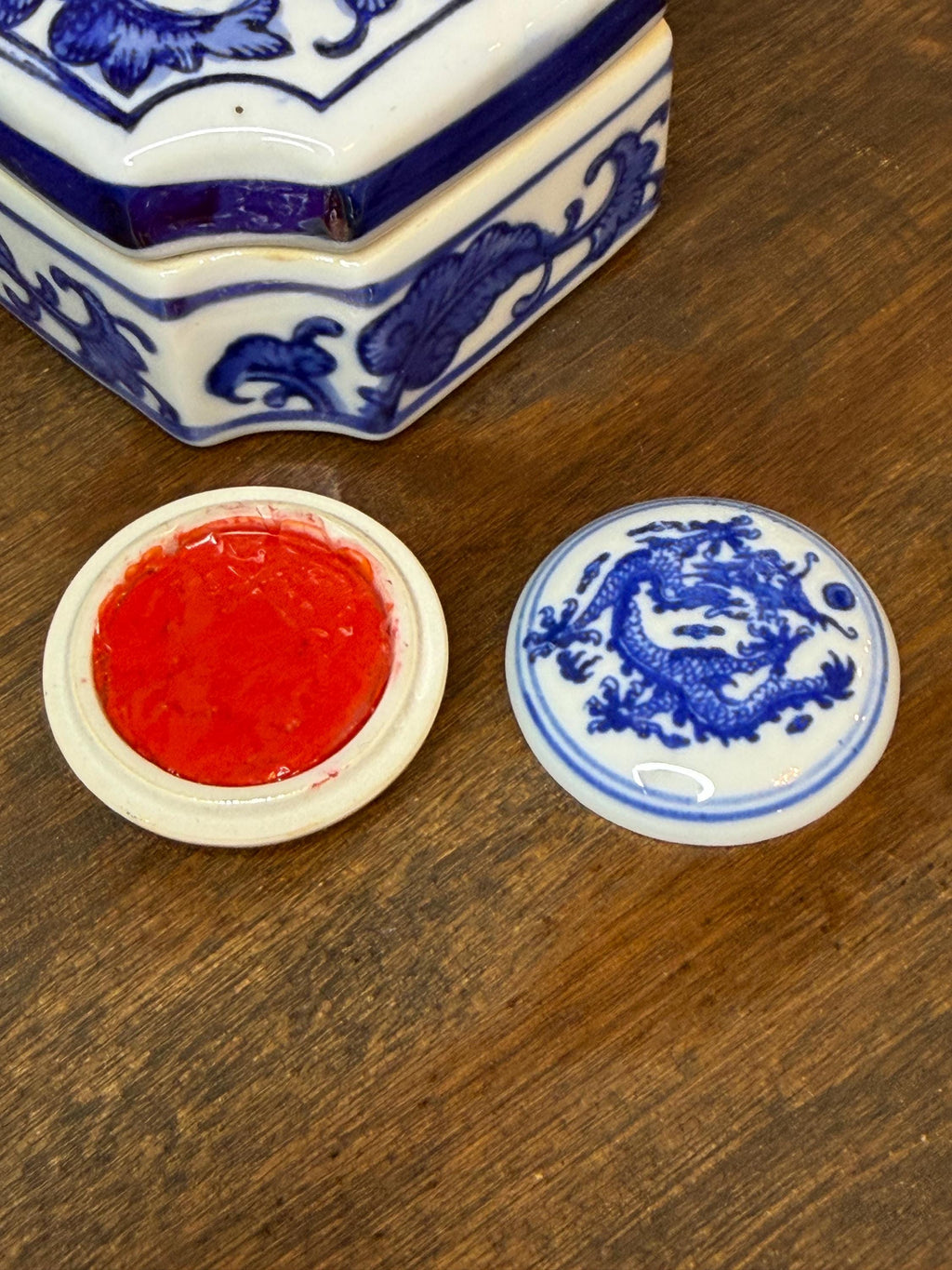 Porcelain Dragon Chinese Seal Paste Box with Cinnabar