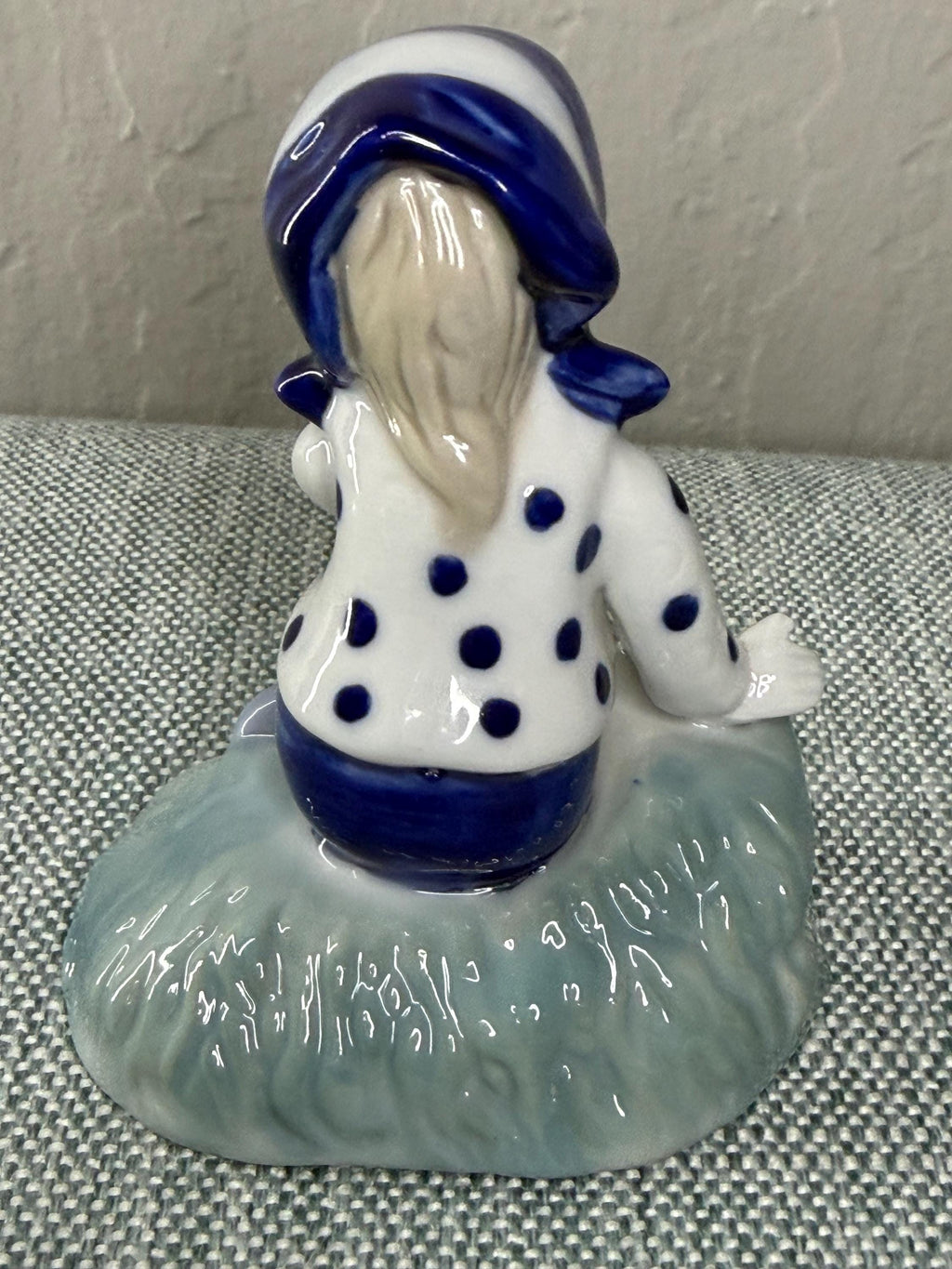 Japanese Porcelain Child Figurine, Blue Polka Dot Nursery Decor
