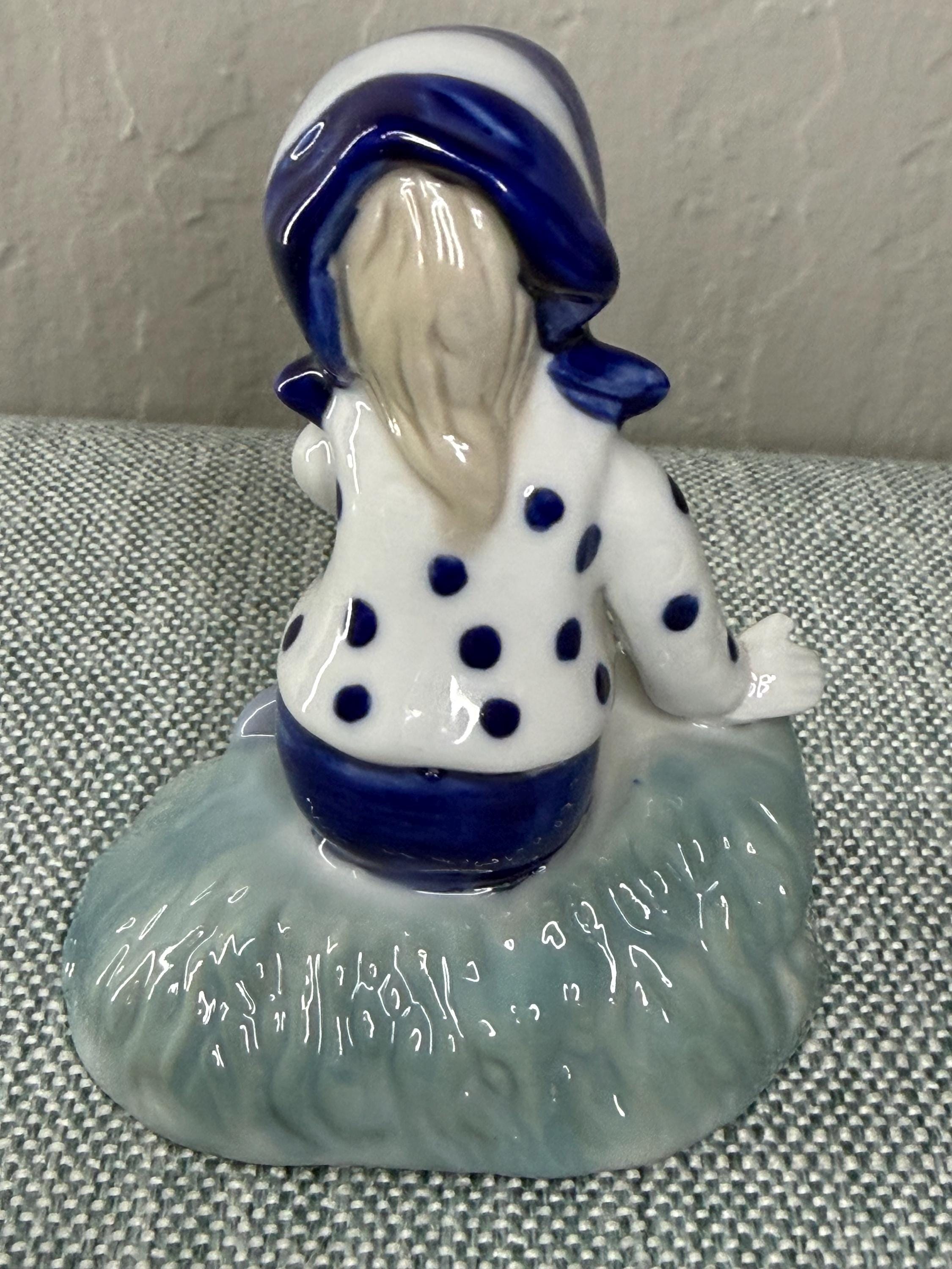 Japanese Porcelain Child Figurine, Blue Polka Dot Nursery Decor