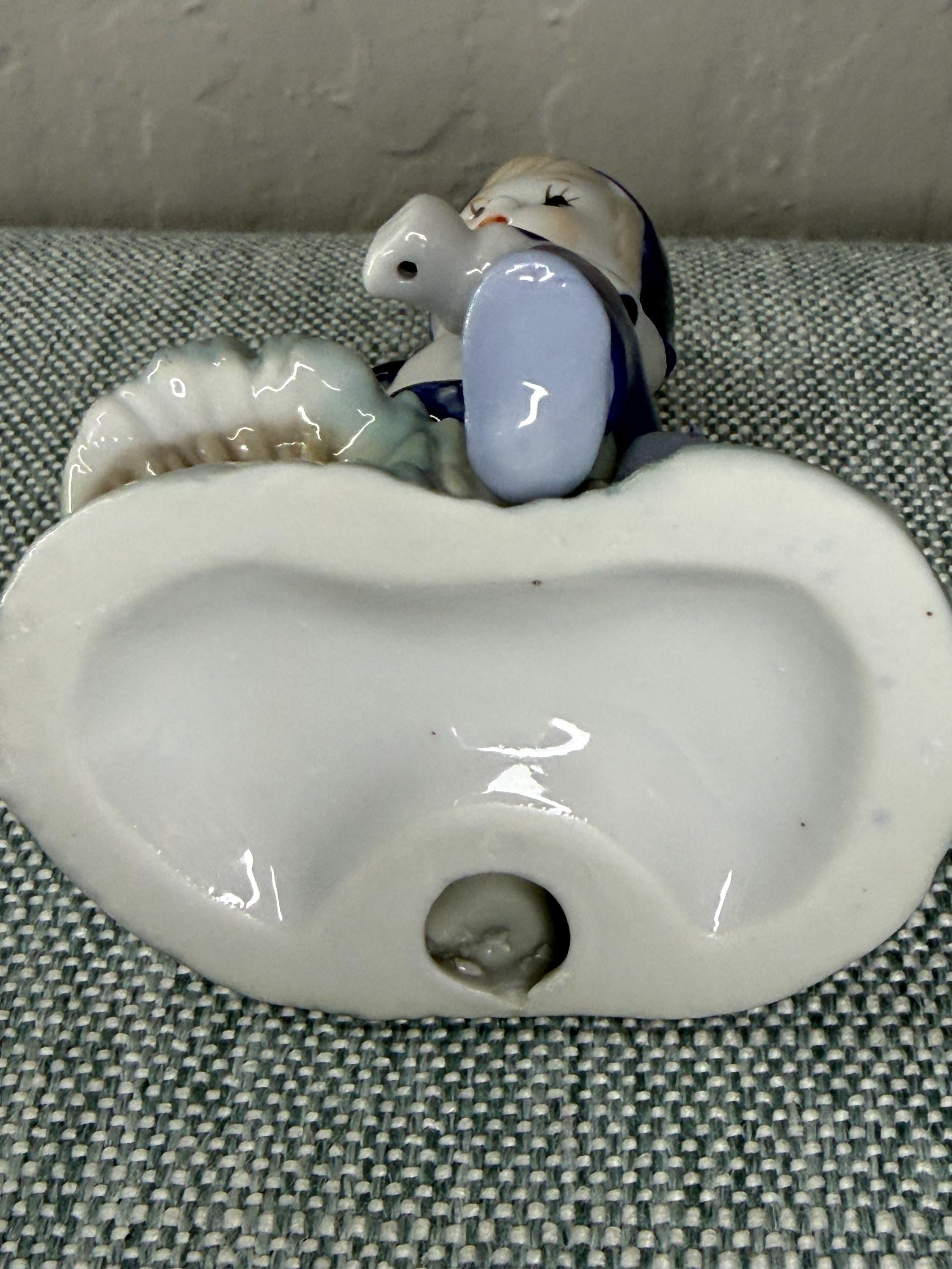 Japanese Porcelain Child Figurine, Blue Polka Dot Nursery Decor