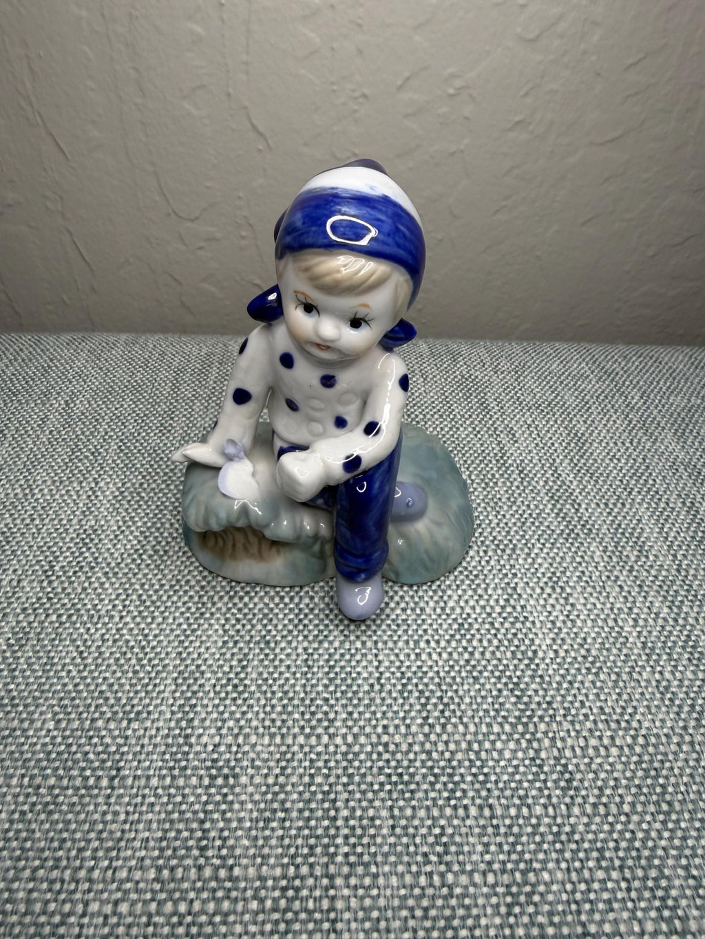 Japanese Porcelain Child Figurine, Blue Polka Dot Nursery Decor
