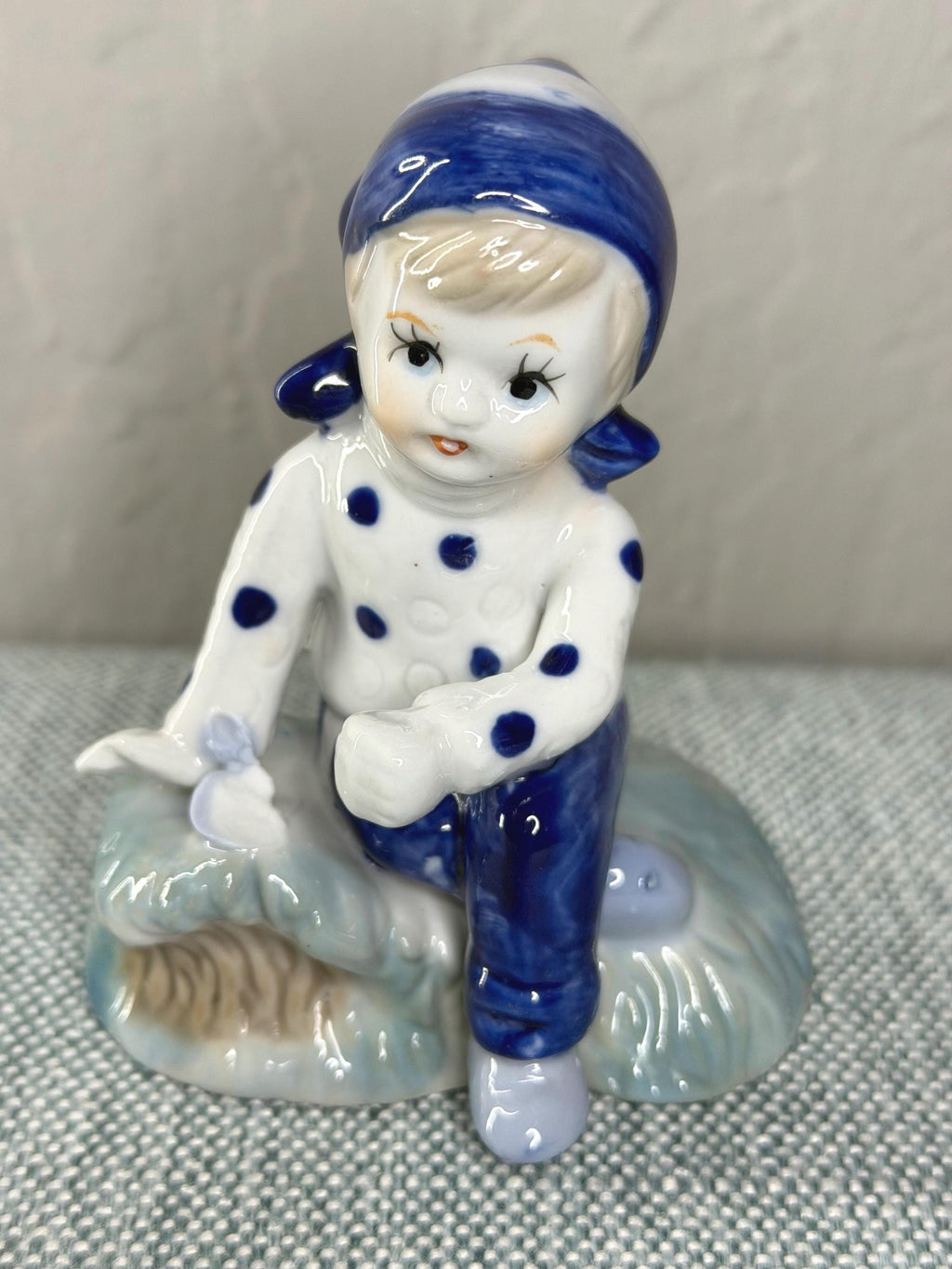 Japanese Porcelain Child Figurine, Blue Polka Dot Nursery Decor