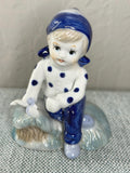Japanese Porcelain Child Figurine, Blue Polka Dot Nursery Decor