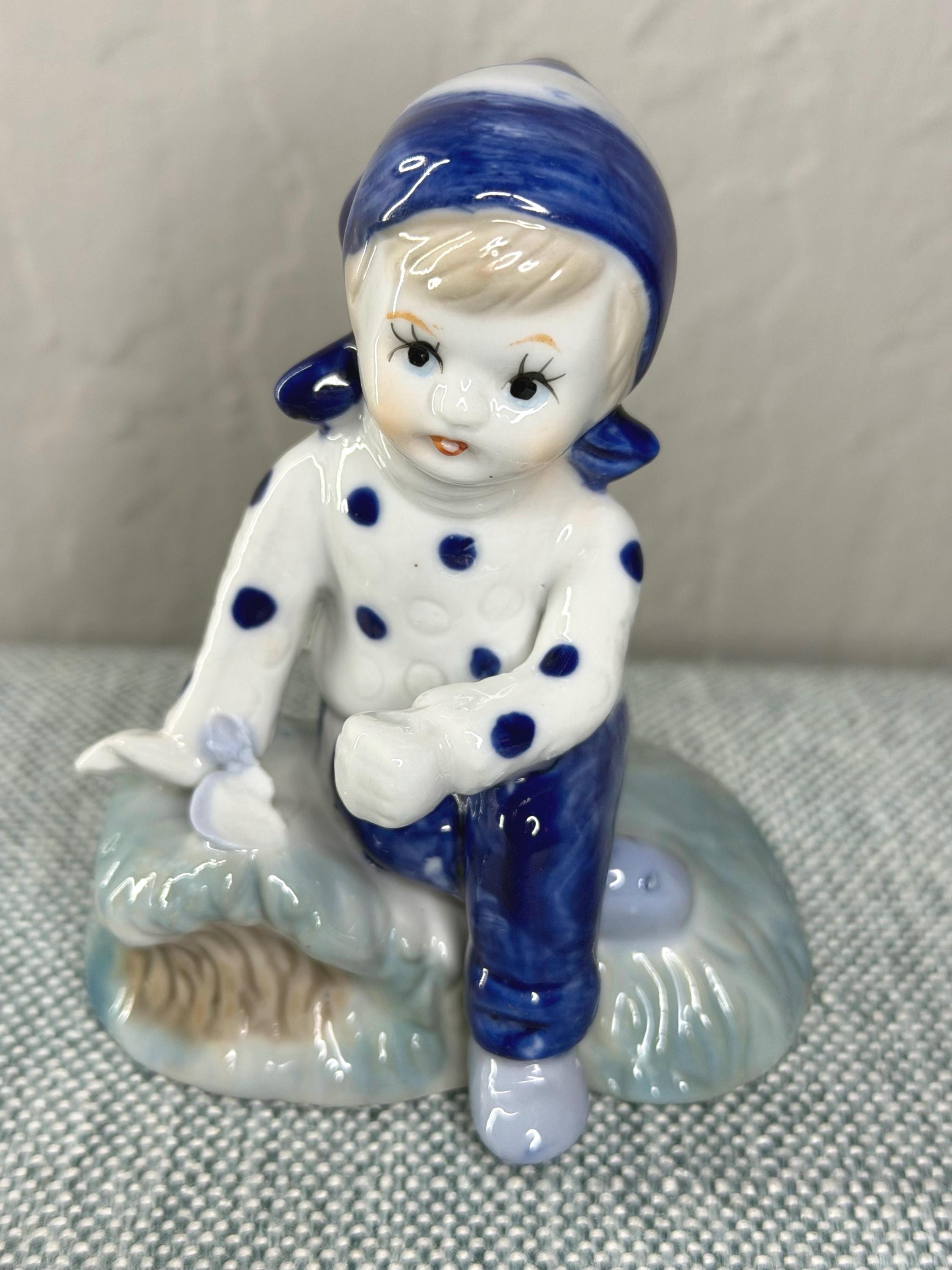 Japanese Porcelain Child Figurine, Blue Polka Dot Nursery Decor