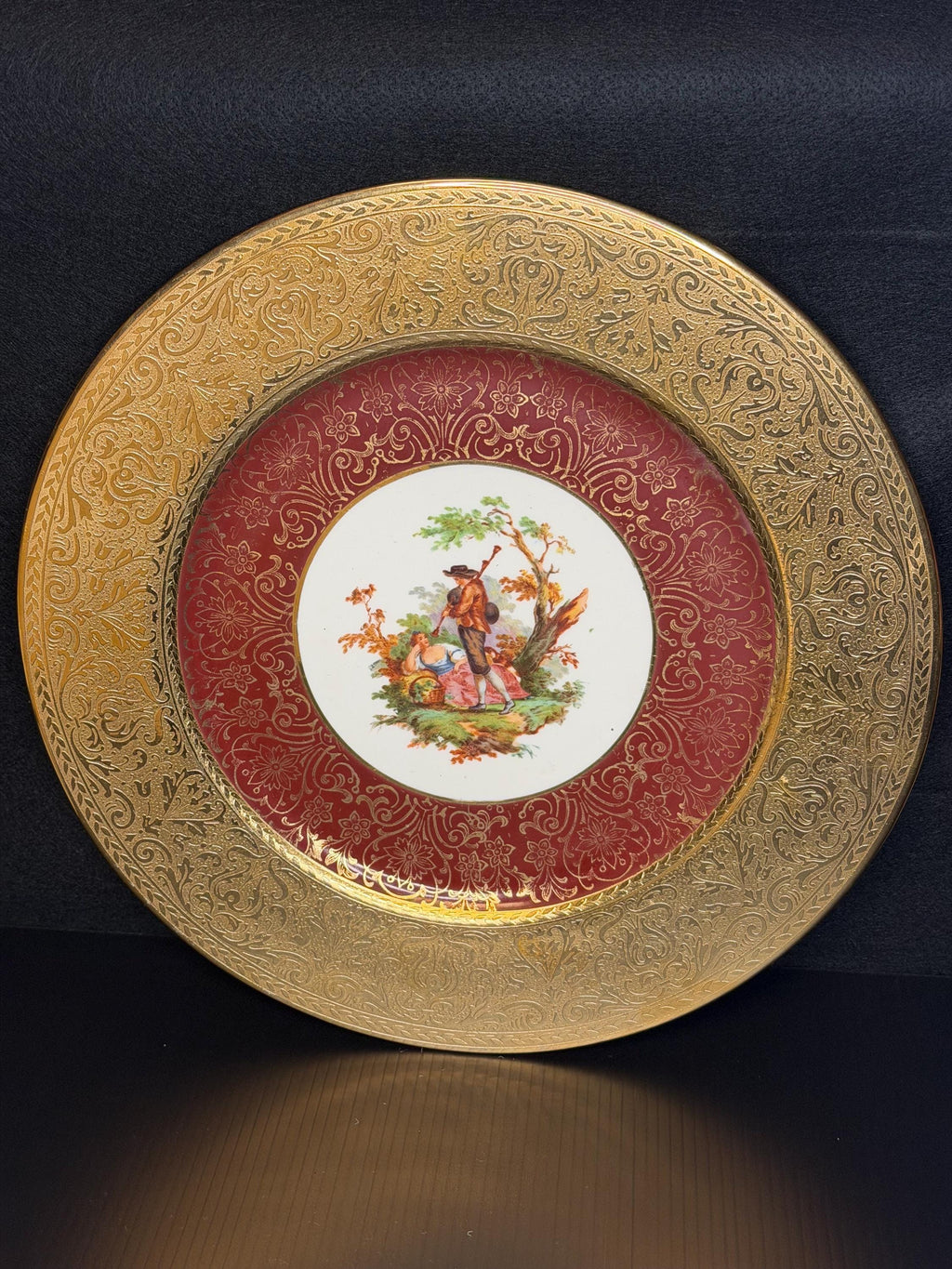 Limoges France Cabinet Plates Set of Three Red and Gold Gilt Encrusted Romantic