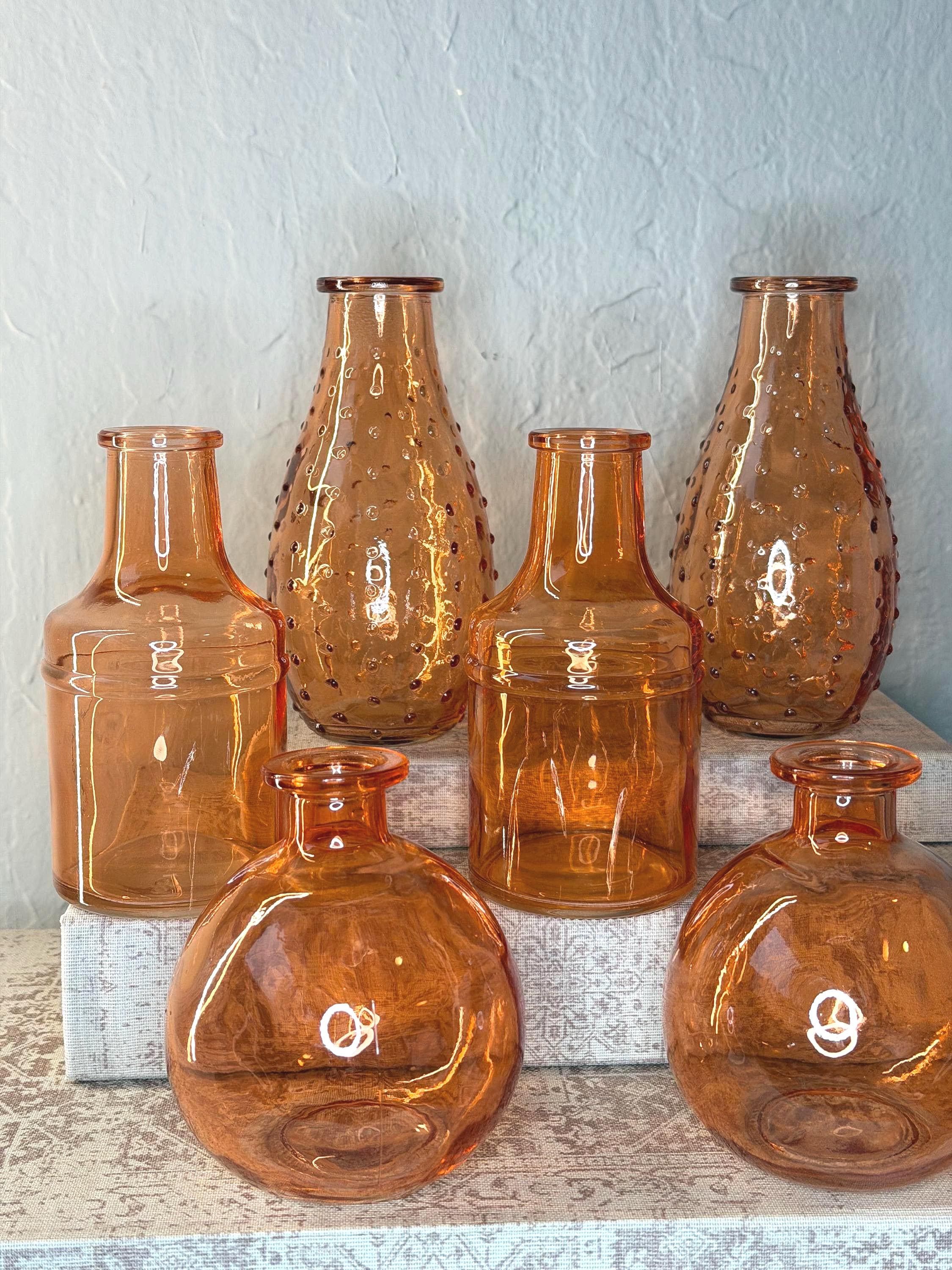Amber Glass Bottle Set, 6 Piece Boho Decor Vintage