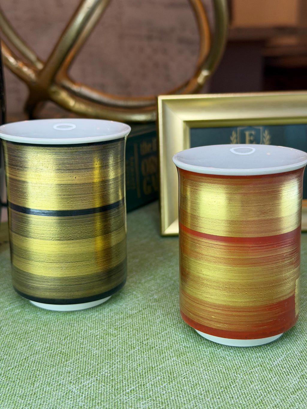 Sake Set Vintage Porcelain Cups: Hand-Brushed Gold Black Red Tea Sake Set Vintage