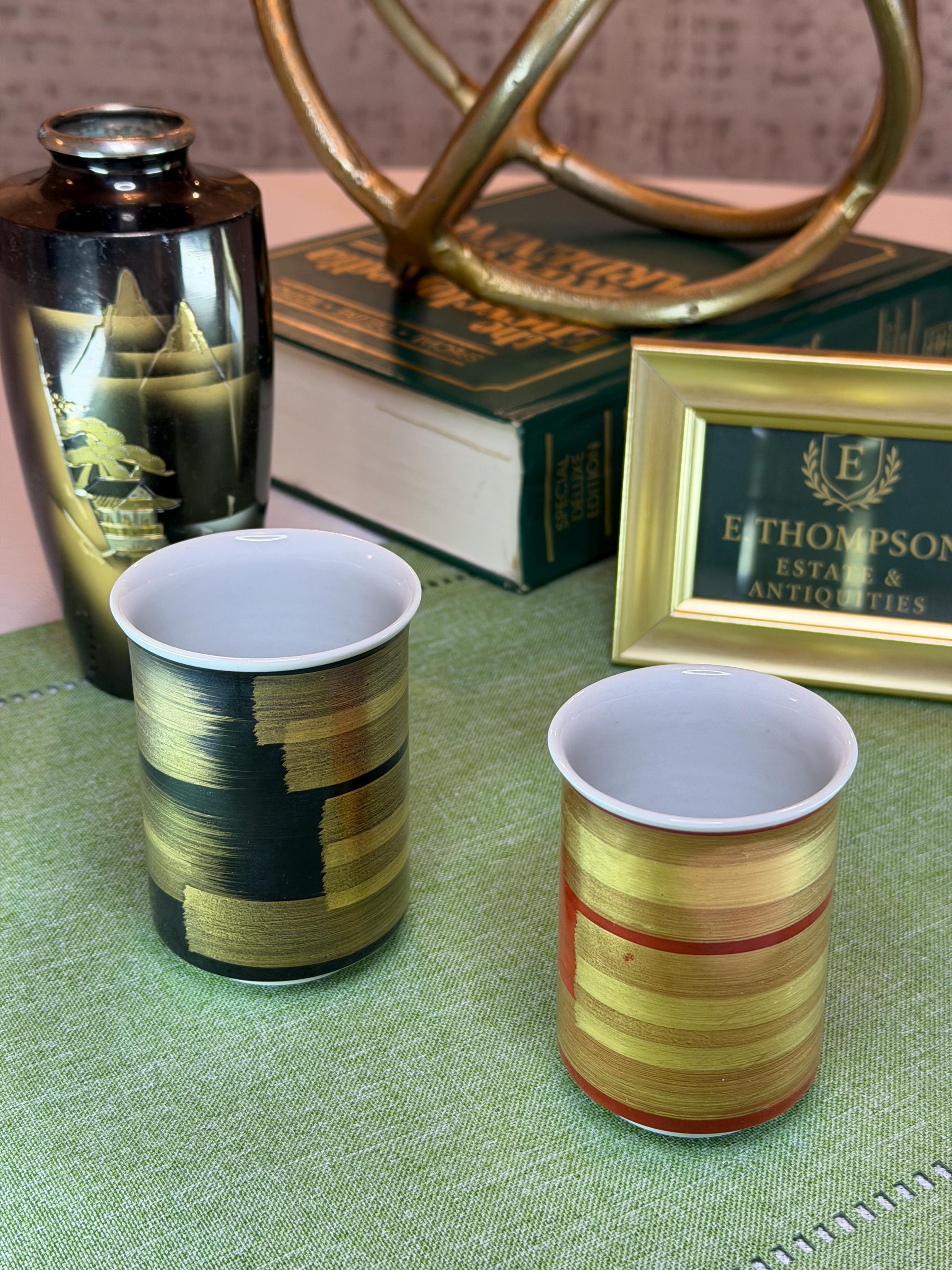 Sake Set Vintage Porcelain Cups: Hand-Brushed Gold Black Red Tea Sake Set Vintage
