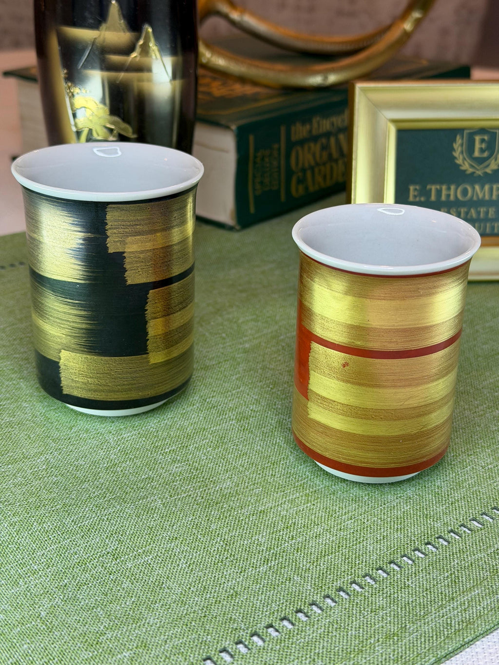 Sake Set Vintage Porcelain Cups: Hand-Brushed Gold Black Red Tea Sake Set Vintage