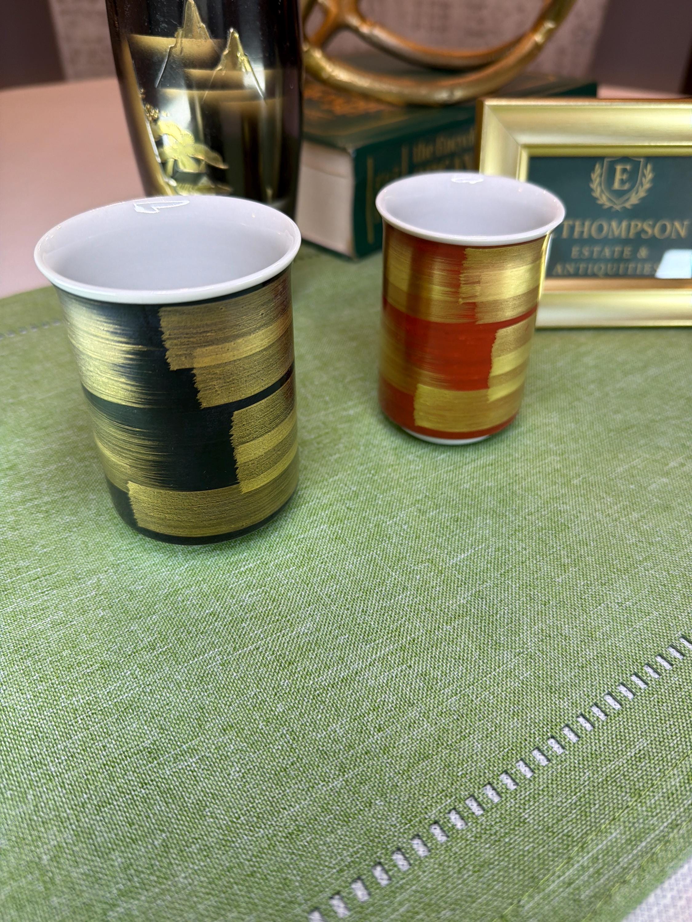Sake Set Vintage Porcelain Cups: Hand-Brushed Gold Black Red Tea Sake Set Vintage