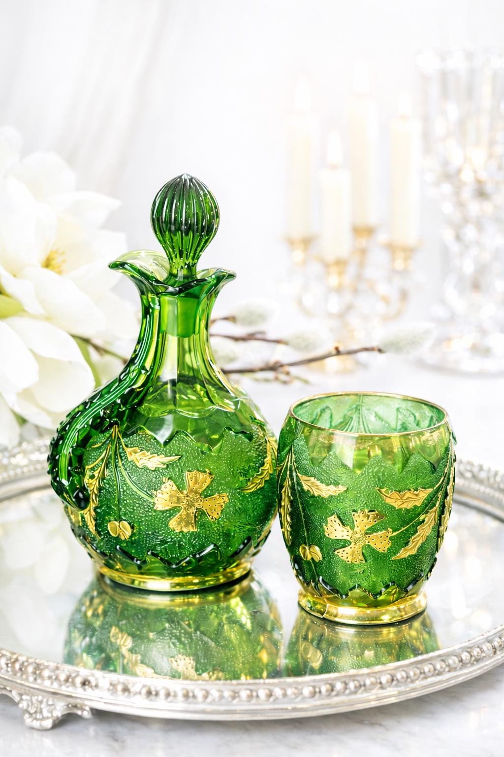 Emerald Green Glass Pitcher | Gilt Ivy & Floral Stopper
