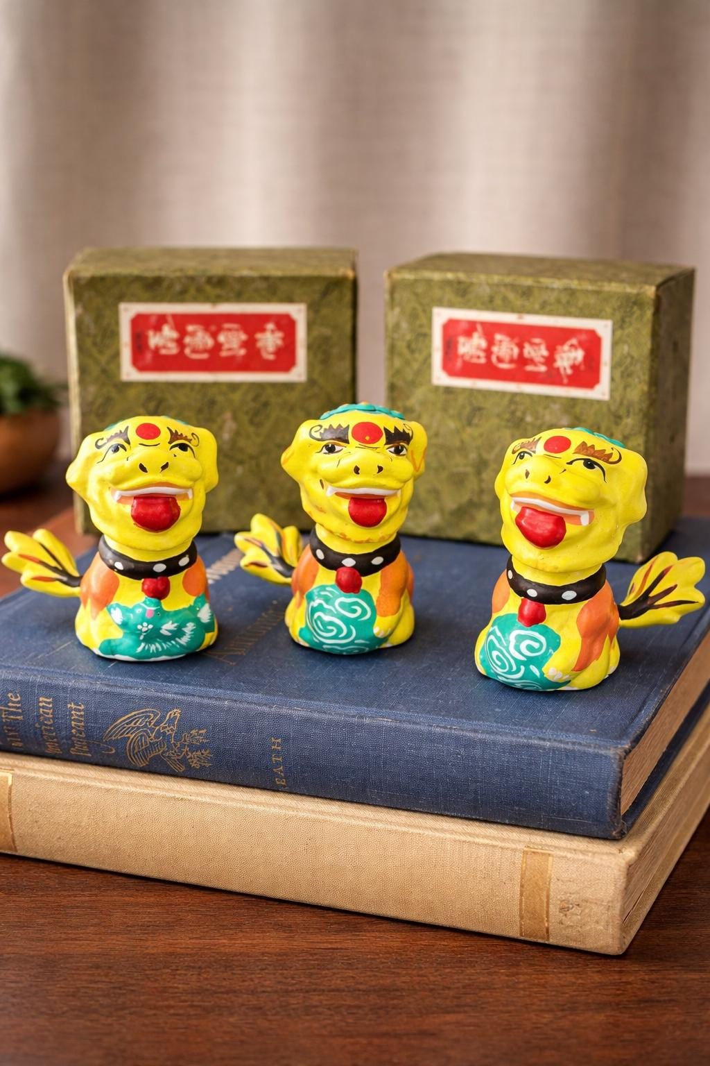 Foo Dogs Set: Hand-Painted Guardian Lions, Mid-Century Nodders (1950s) Chinese