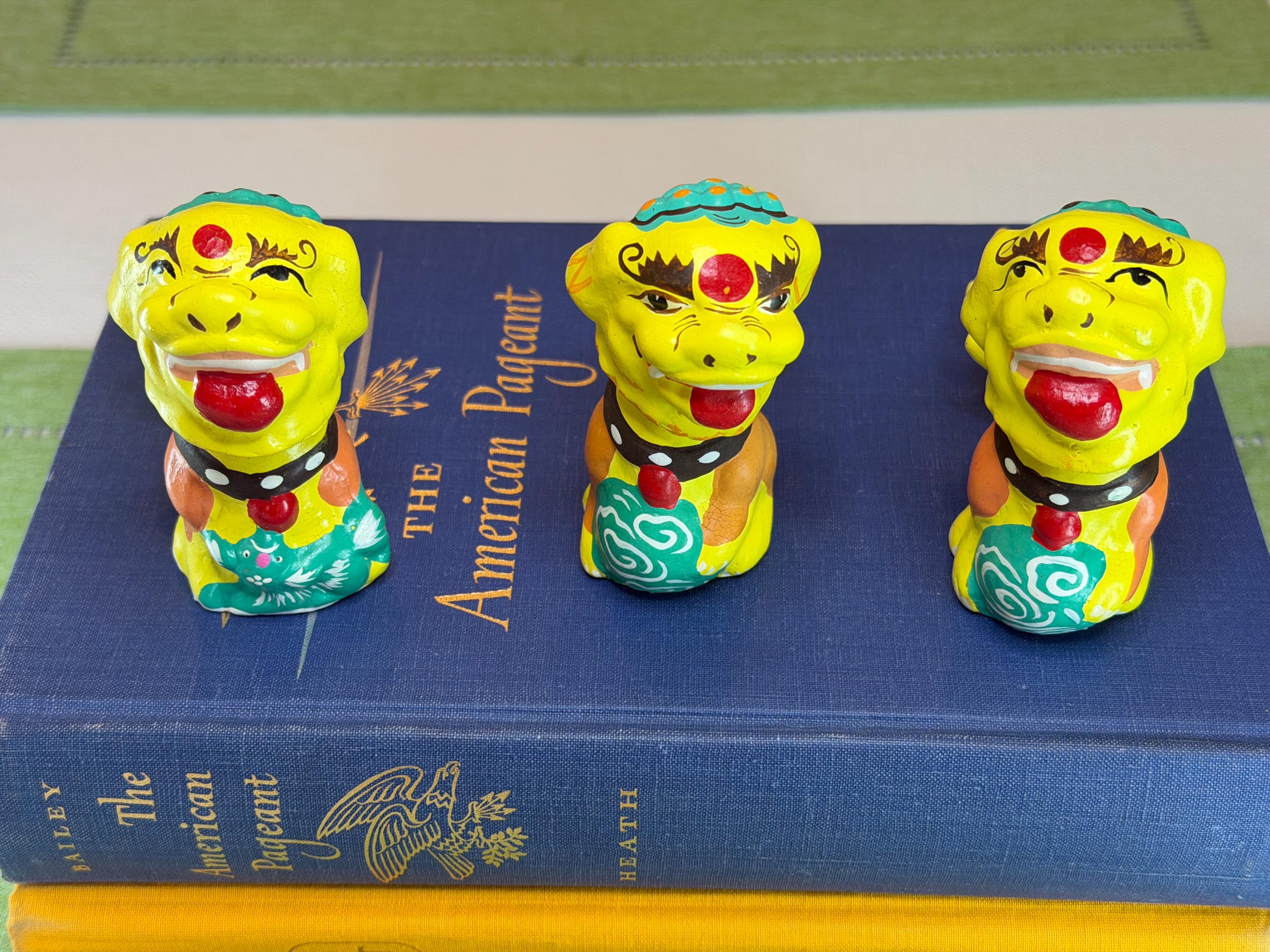 Foo Dogs Set: Hand-Painted Guardian Lions, Mid-Century Nodders (1950s) Chinese
