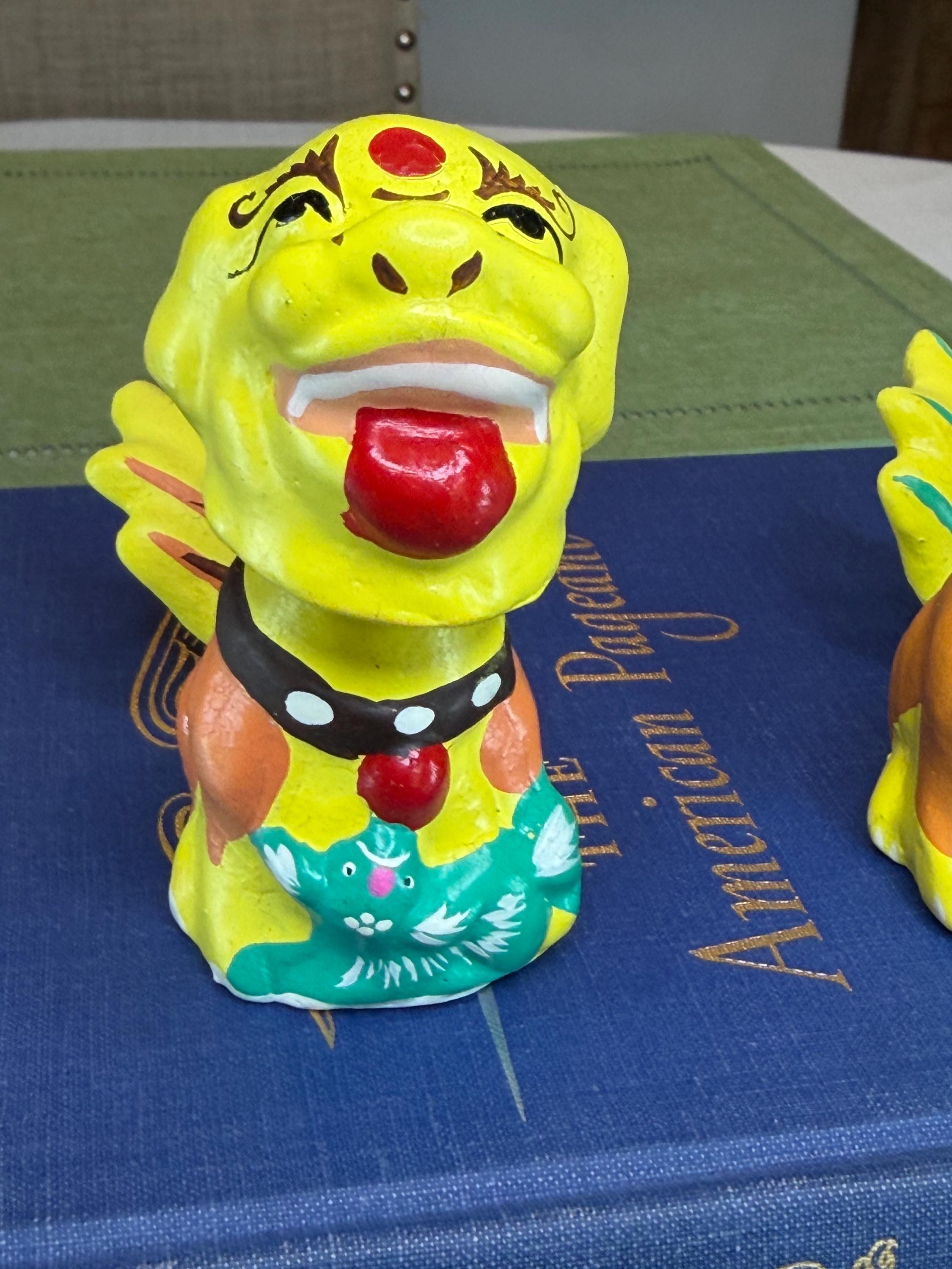 Foo Dogs Set: Hand-Painted Guardian Lions, Mid-Century Nodders (1950s) Chinese